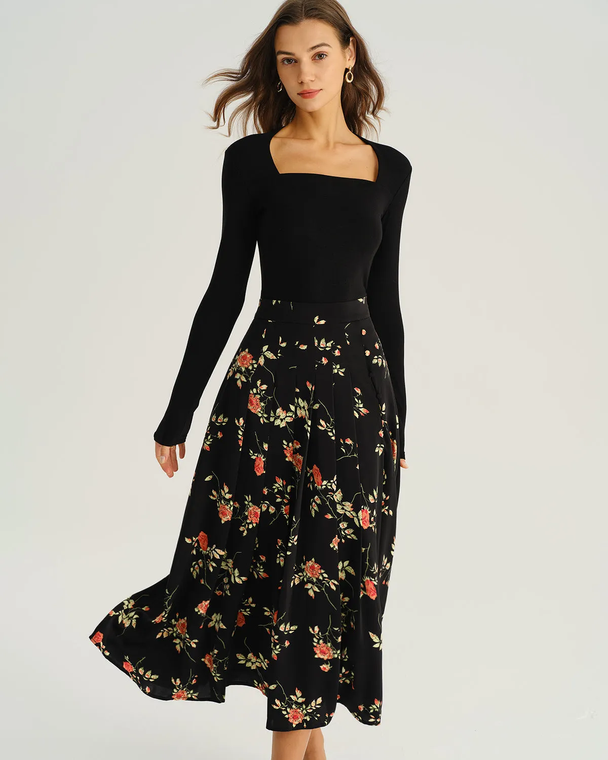 Black Floral A-Line Midi Skirt sold by rihoas product image thumbnail 4