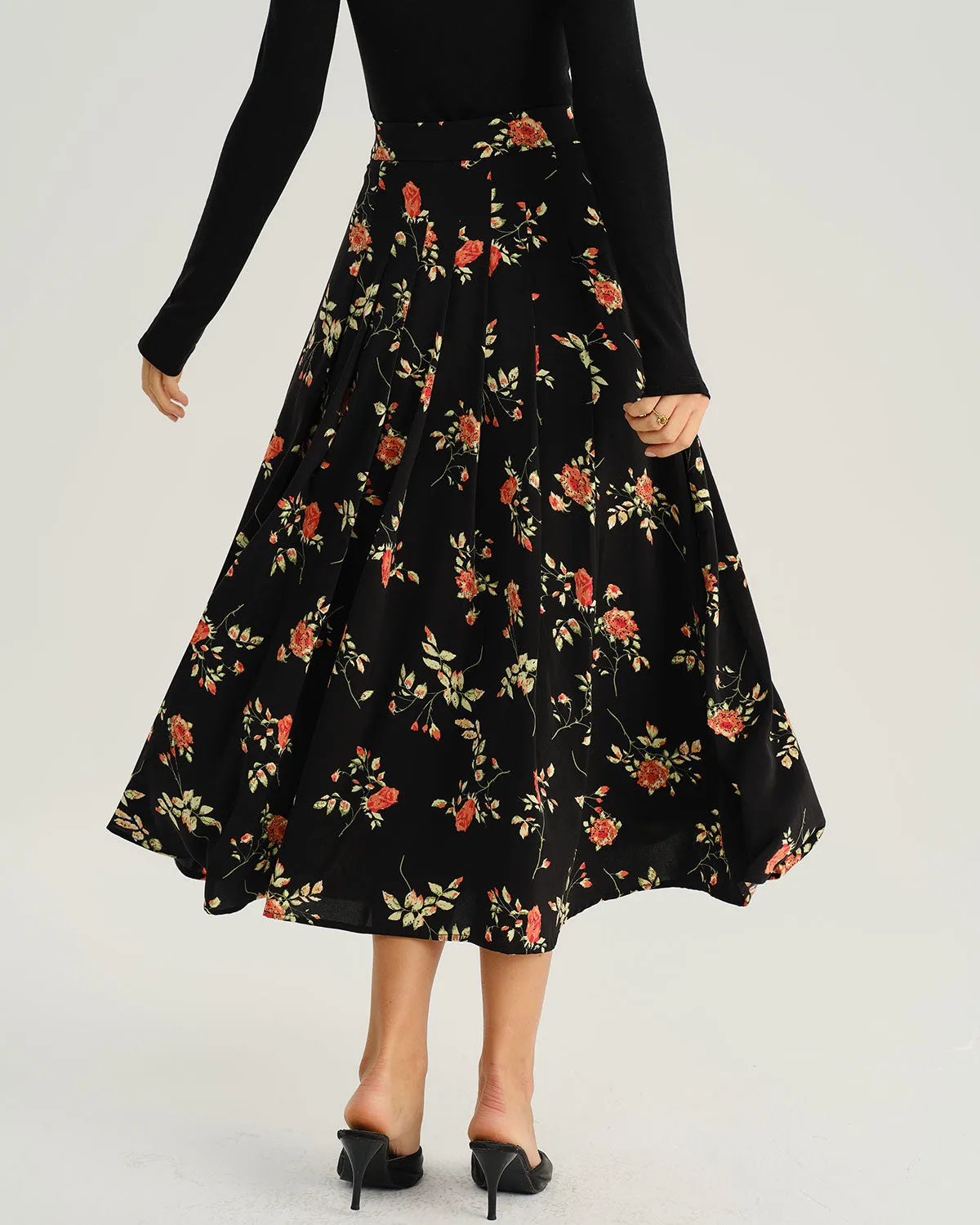 Black Floral A-Line Midi Skirt sold by rihoas product image thumbnail 3