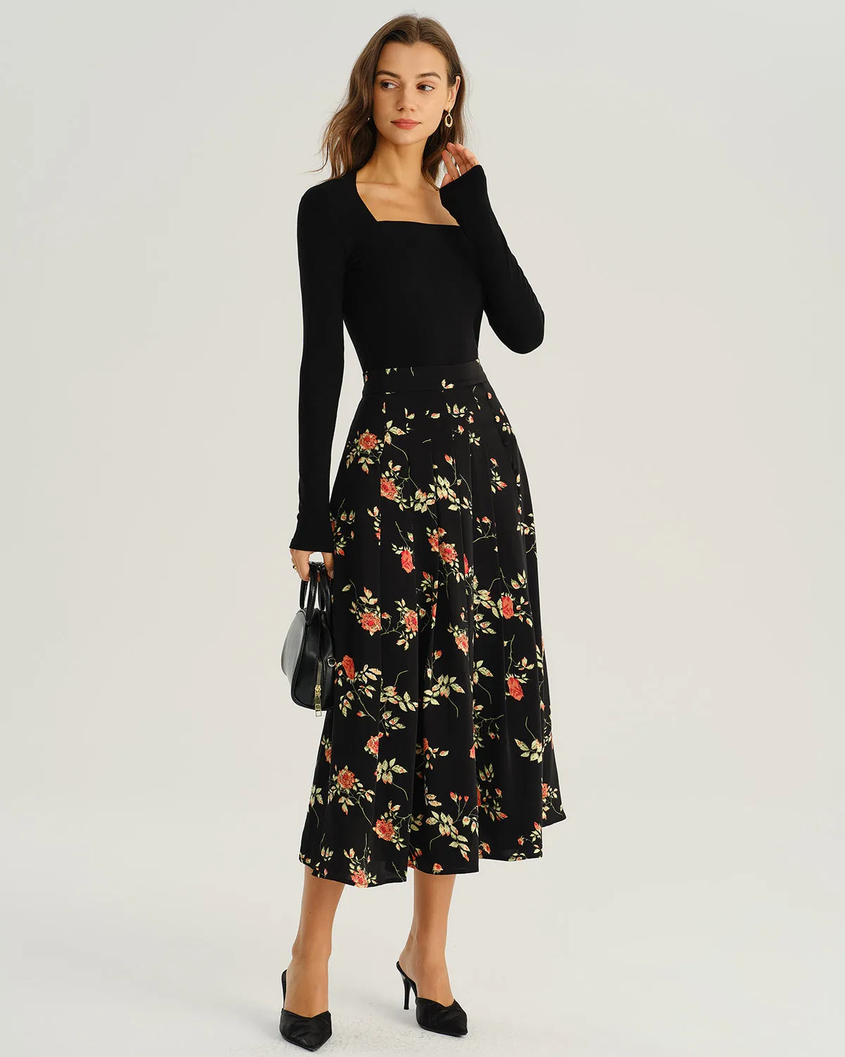 Black Floral A-Line Midi Skirt sold by rihoas product image thumbnail 5