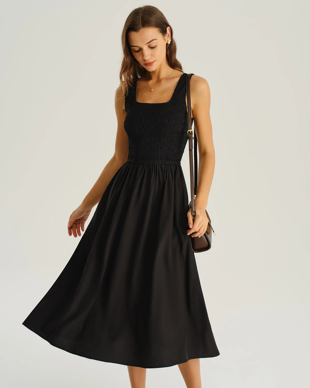 Black Shirred Sleeveless Midi Dress sold by rihoas