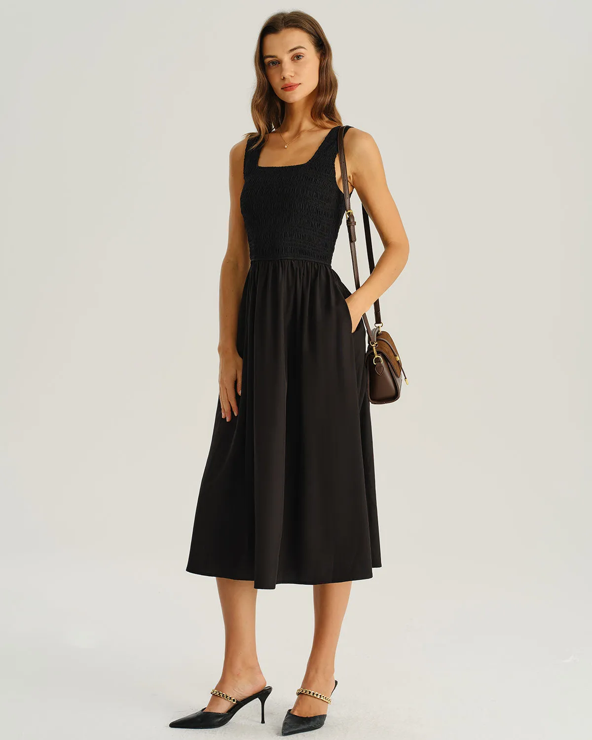Black Shirred Sleeveless Midi Dress sold by rihoas product image thumbnail 3