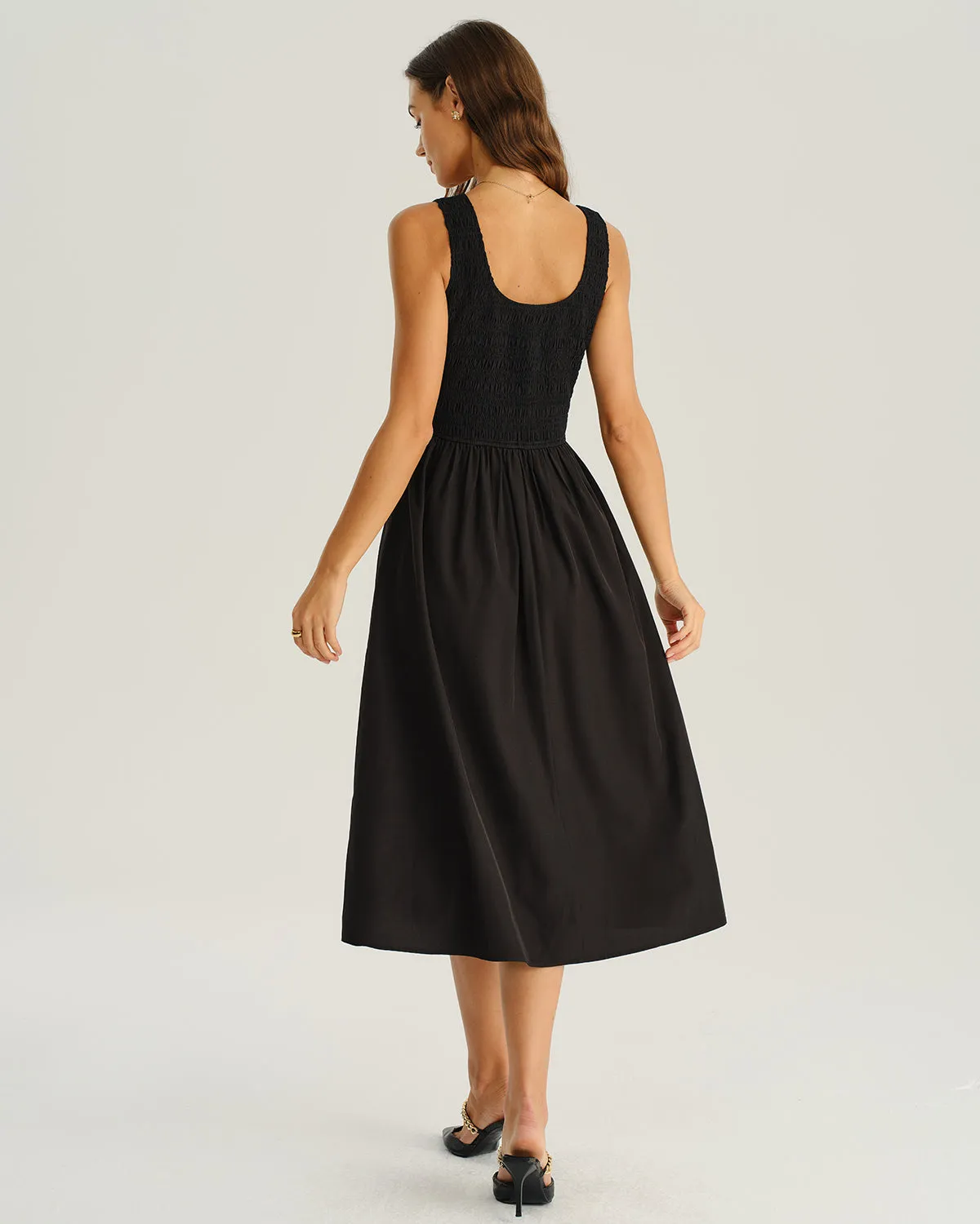 Black Shirred Sleeveless Midi Dress sold by rihoas product image thumbnail 4