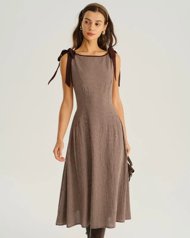 Brown Plaid Boat Neck A-Line Midi Dress sold by rihoas