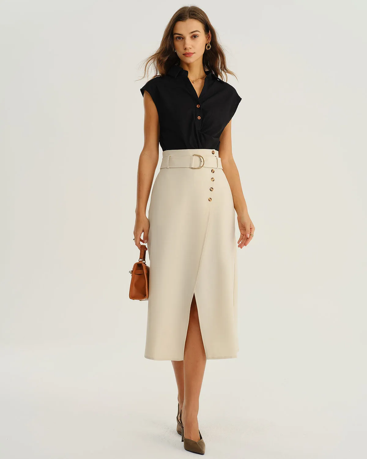Beige Wrap Belted Midi Skirt sold by rihoas product image thumbnail 3