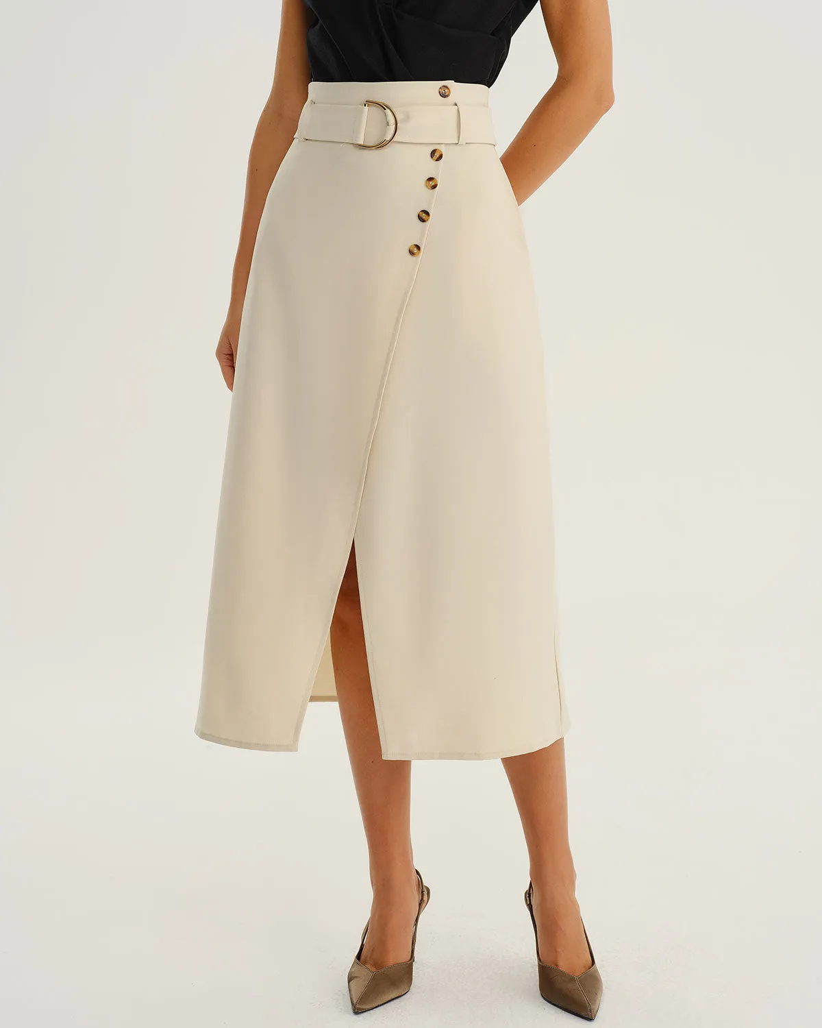Beige Wrap Belted Midi Skirt sold by rihoas