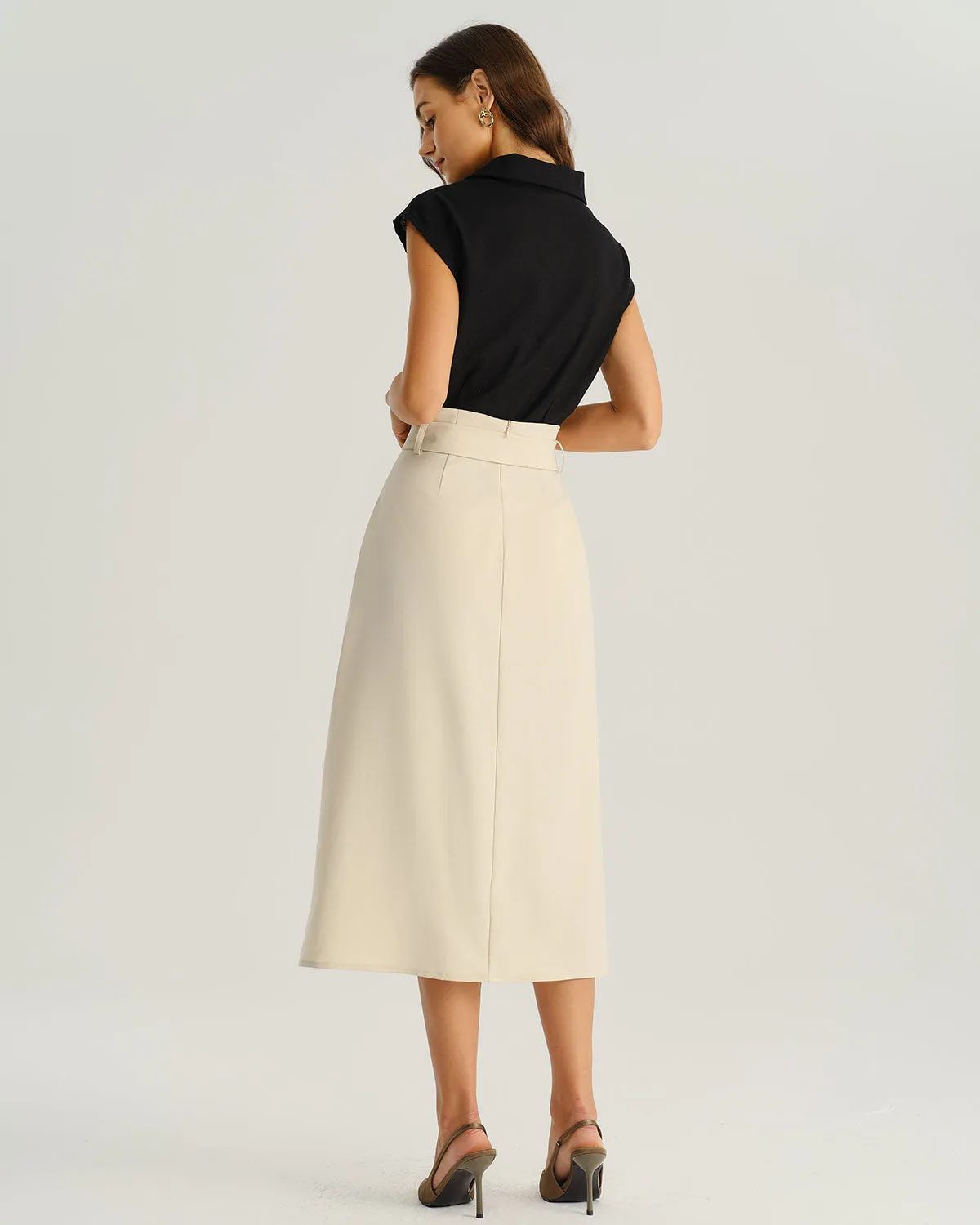 Beige Wrap Belted Midi Skirt sold by rihoas product image thumbnail 4