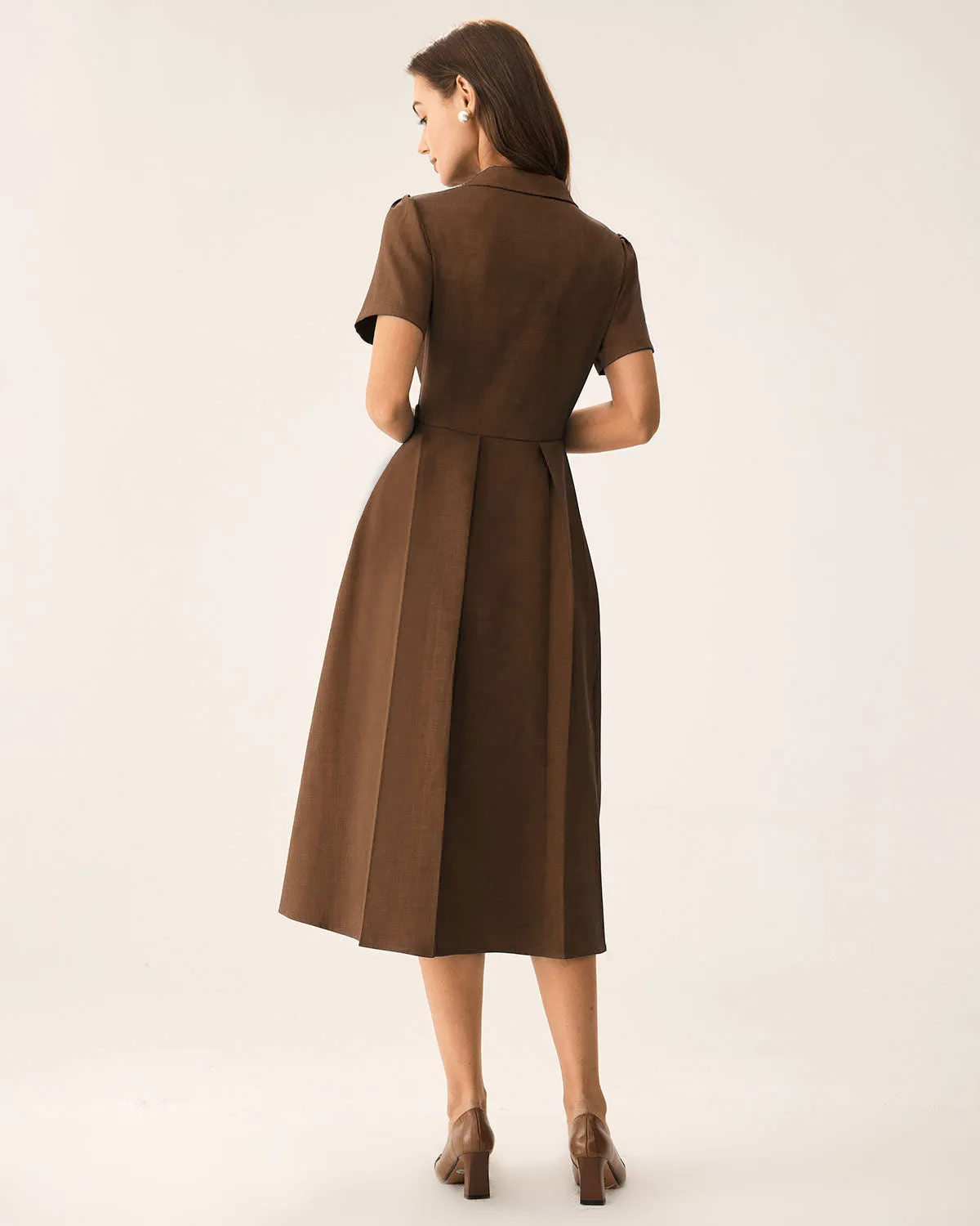 Brown Pleated A-Line Midi Dress sold by rihoas product image thumbnail 5