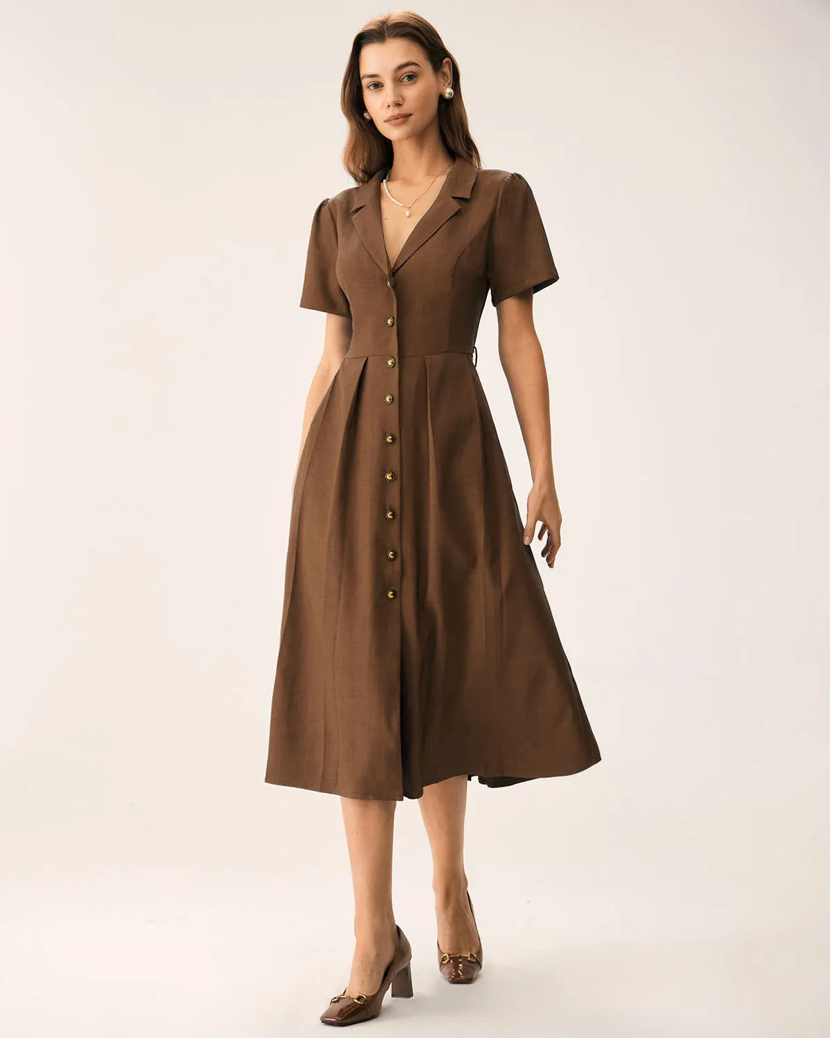 Brown Pleated A-Line Midi Dress sold by rihoas