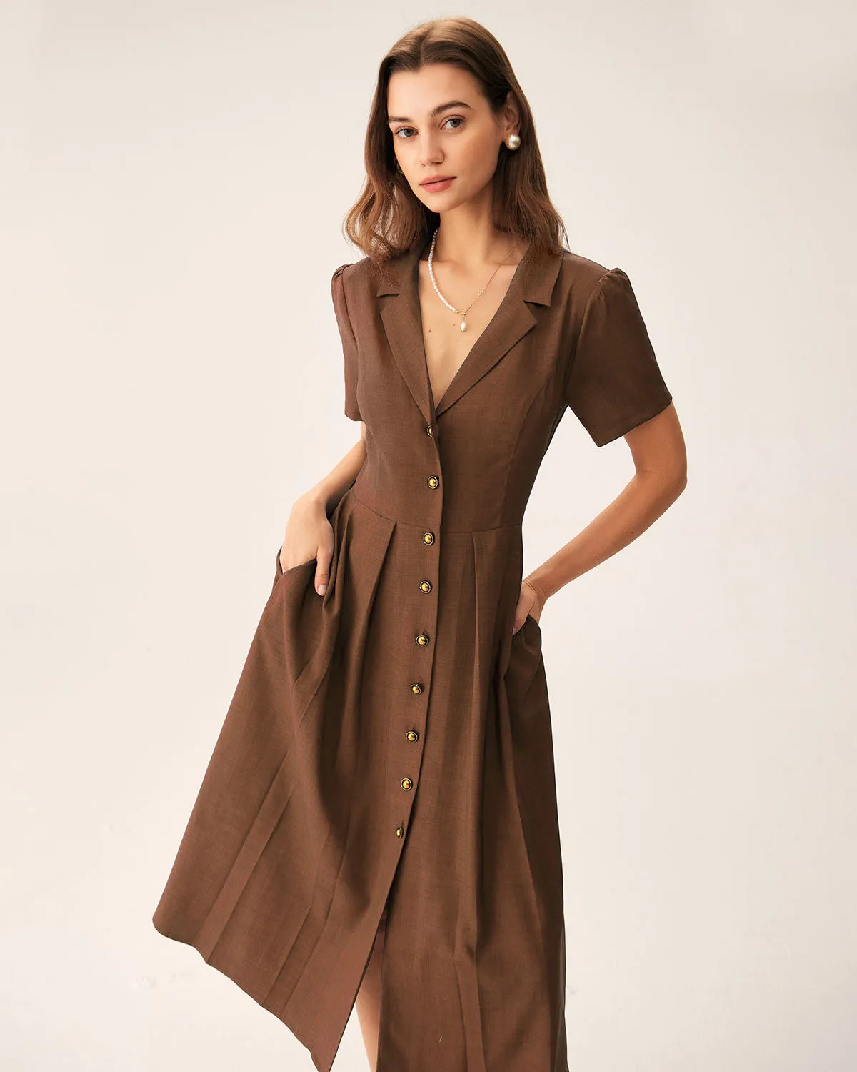 Brown Pleated A-Line Midi Dress sold by rihoas product image thumbnail 2