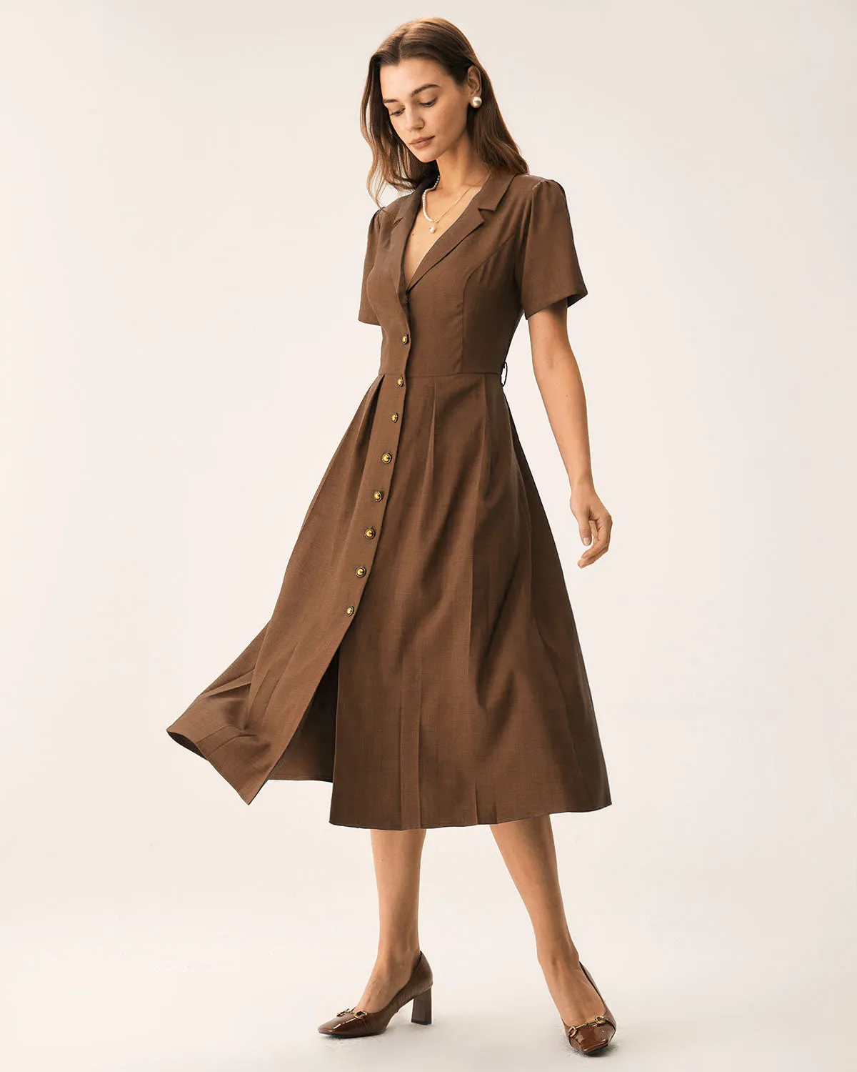 Brown Pleated A-Line Midi Dress sold by rihoas product image thumbnail 4