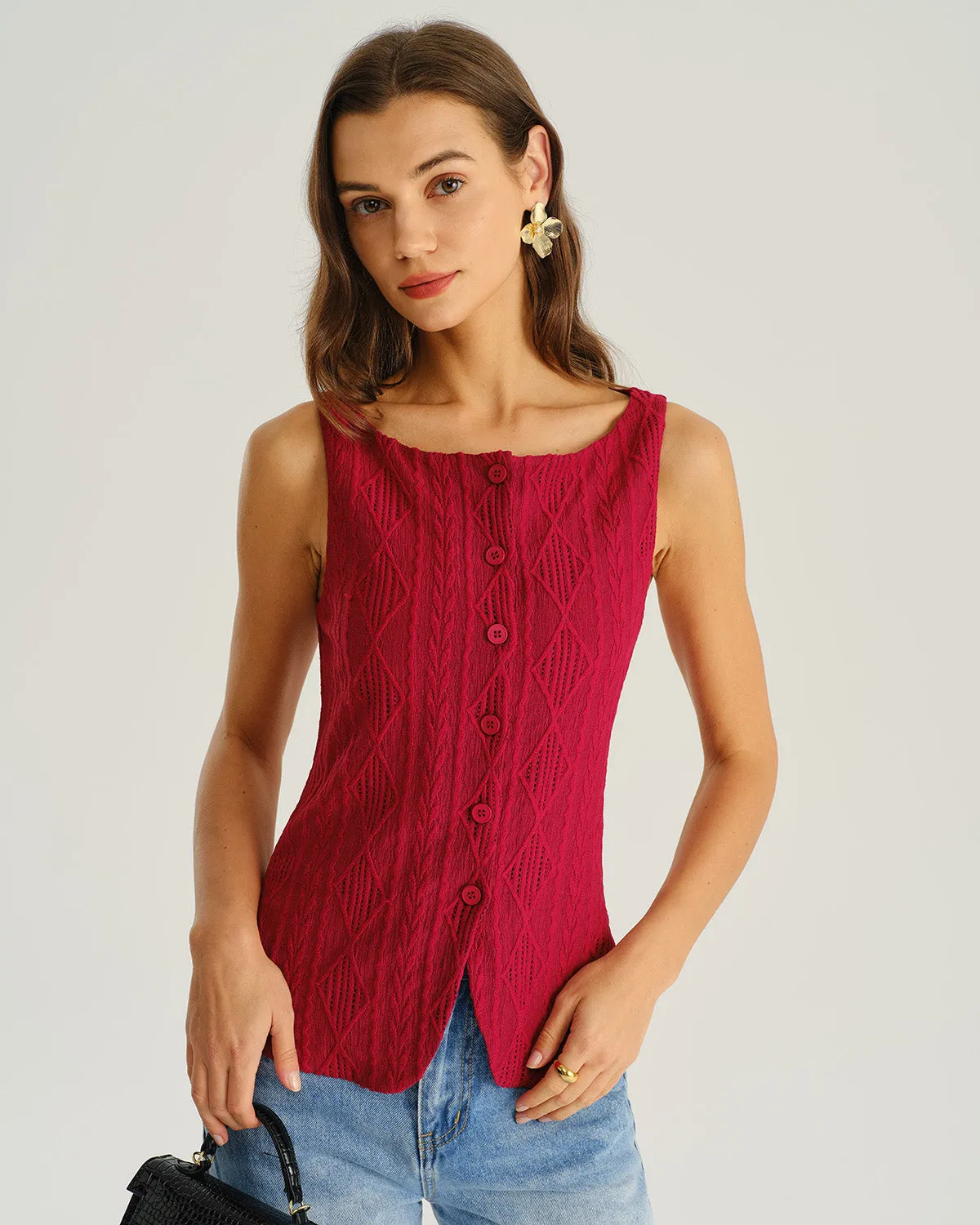 Wine Red Jacquard Tank Top sold by rihoas