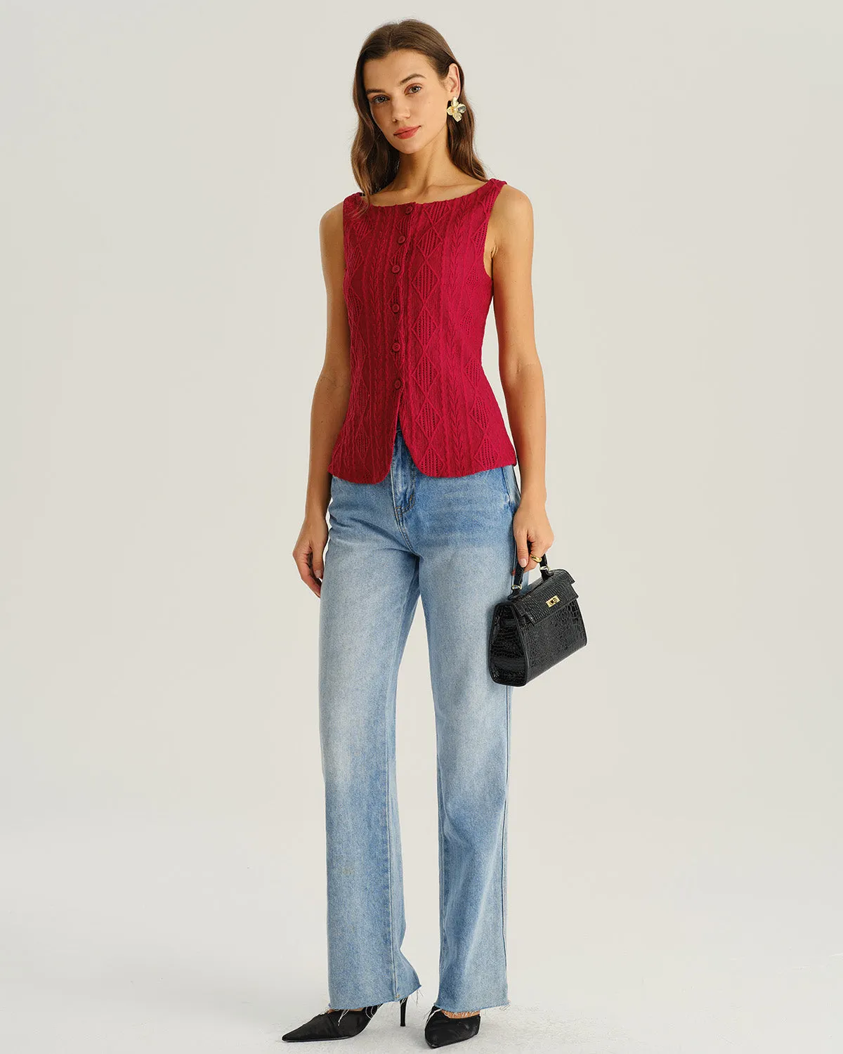 Wine Red Jacquard Tank Top sold by rihoas product image thumbnail 4