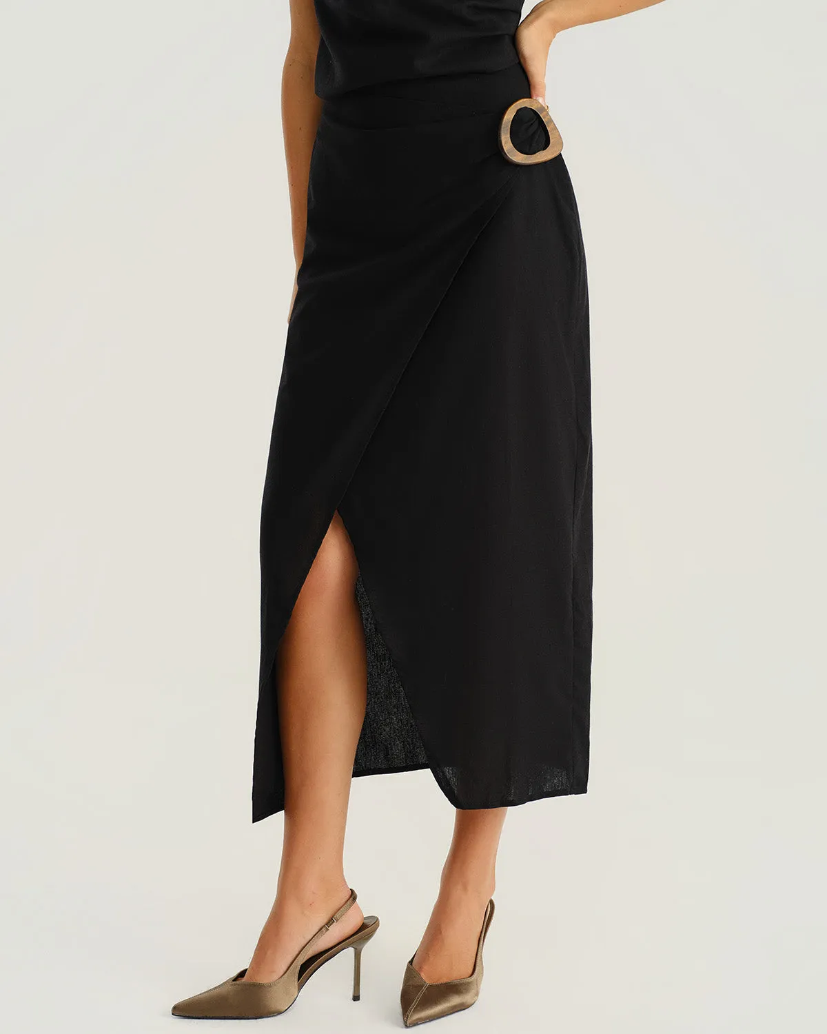 Black Natural Waisted Slit Midi Skirt sold by rihoas