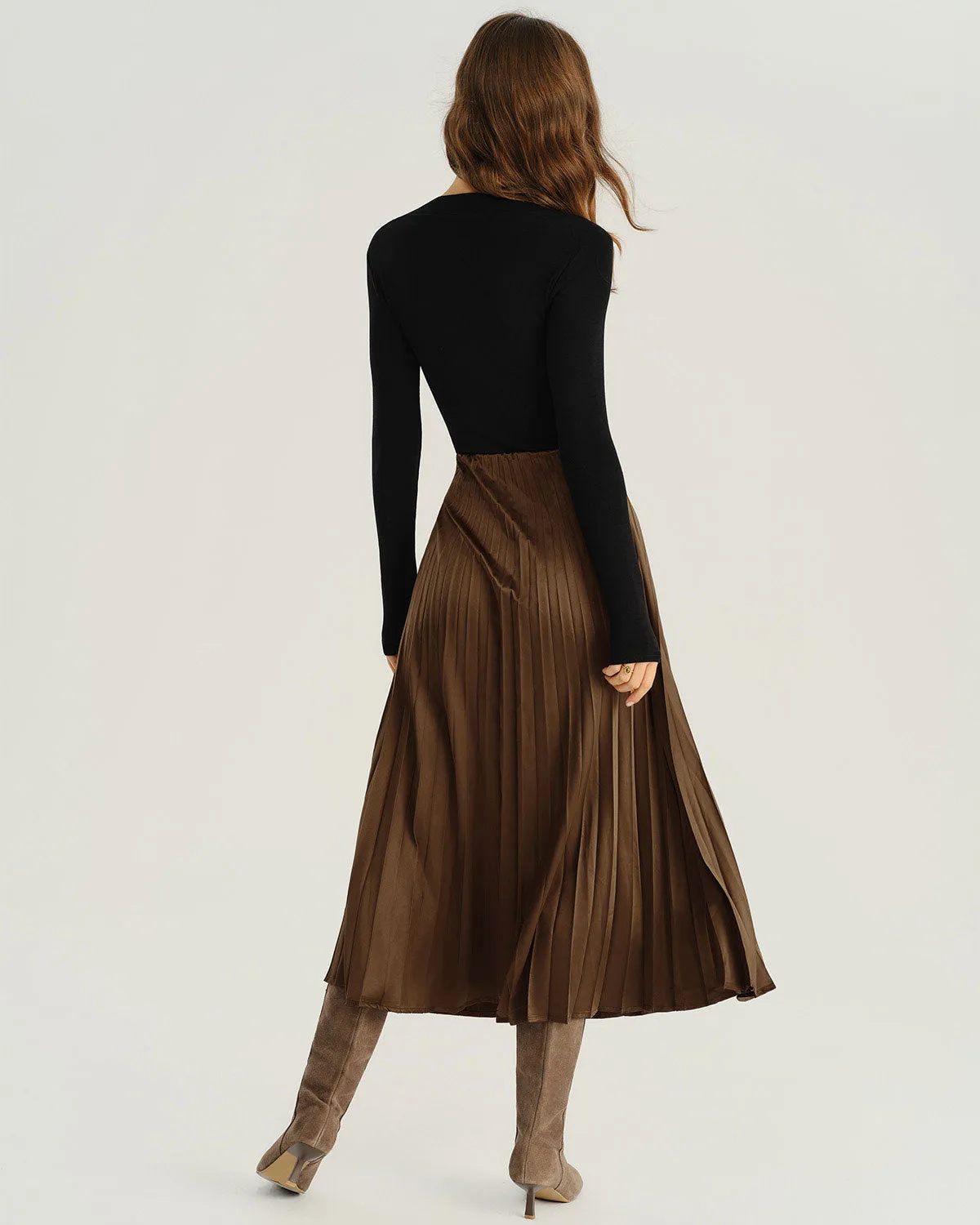 Brown Elastic Waist Pleated Midi Skirt sold by rihoas product image thumbnail 5