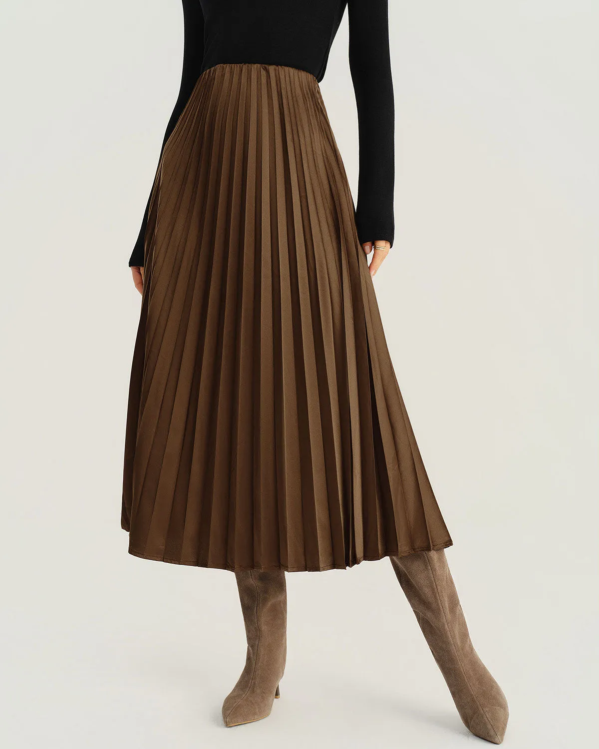 Brown Elastic Waist Pleated Midi Skirt sold by rihoas