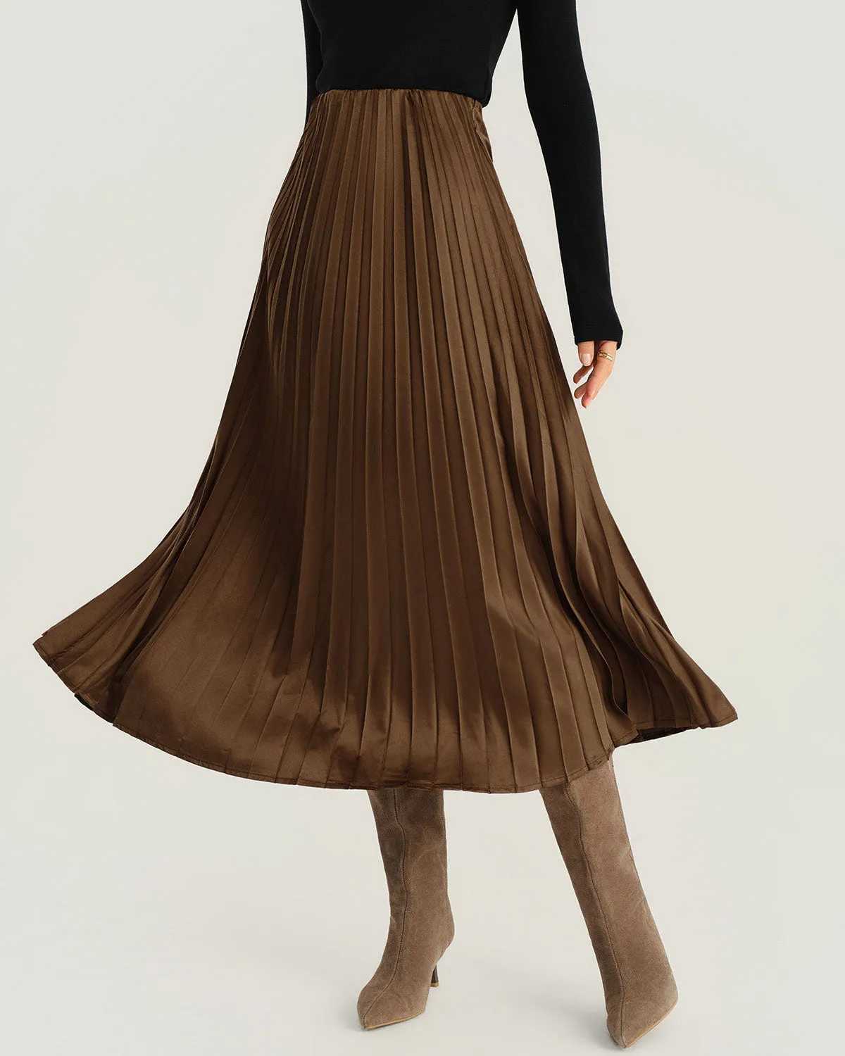 Brown Elastic Waist Pleated Midi Skirt sold by rihoas product image thumbnail 3