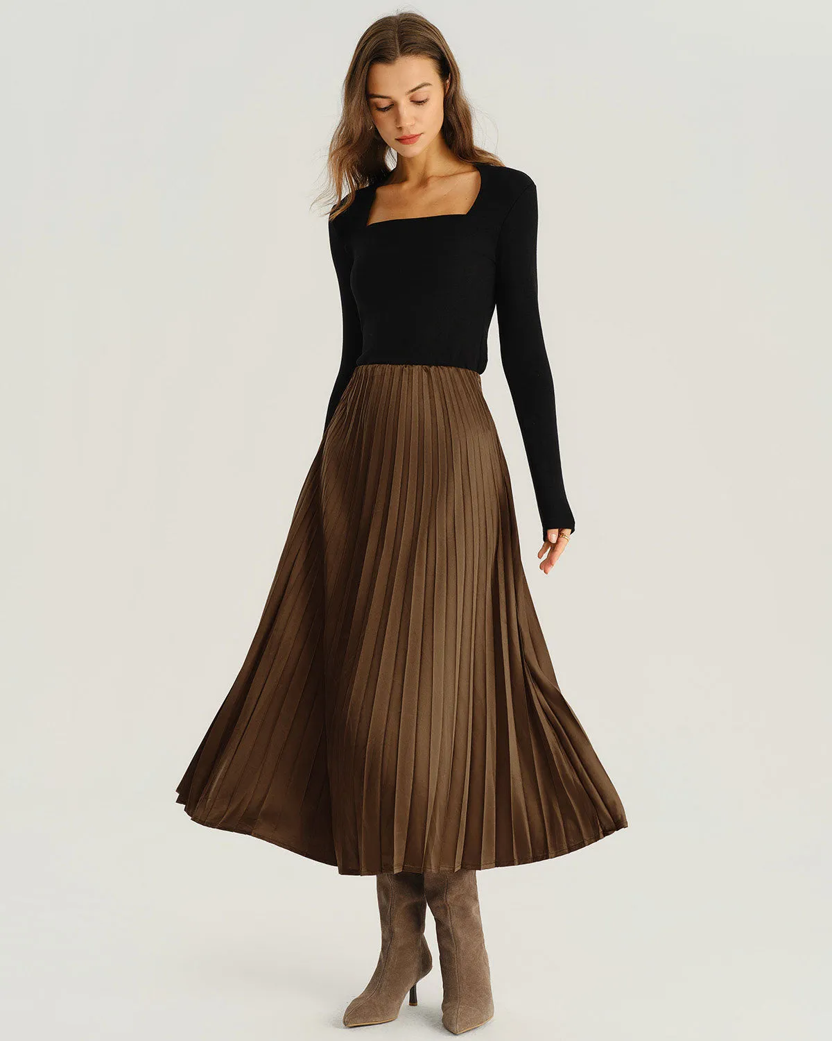 Brown Elastic Waist Pleated Midi Skirt sold by rihoas product image thumbnail 4