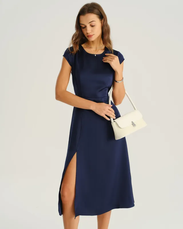 Navy Satin Cut Out Slit Midi Dress sold by rihoas