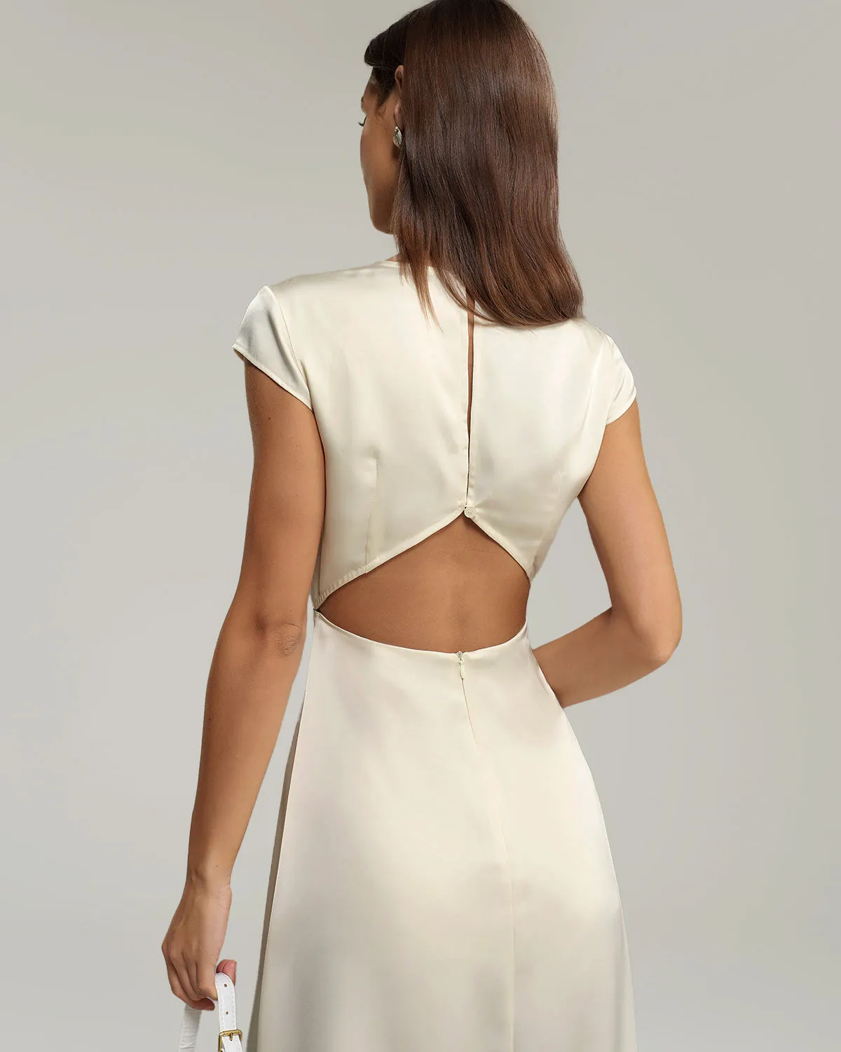 Beige Satin Cut Out Slit Midi Dress sold by rihoas product image thumbnail 2