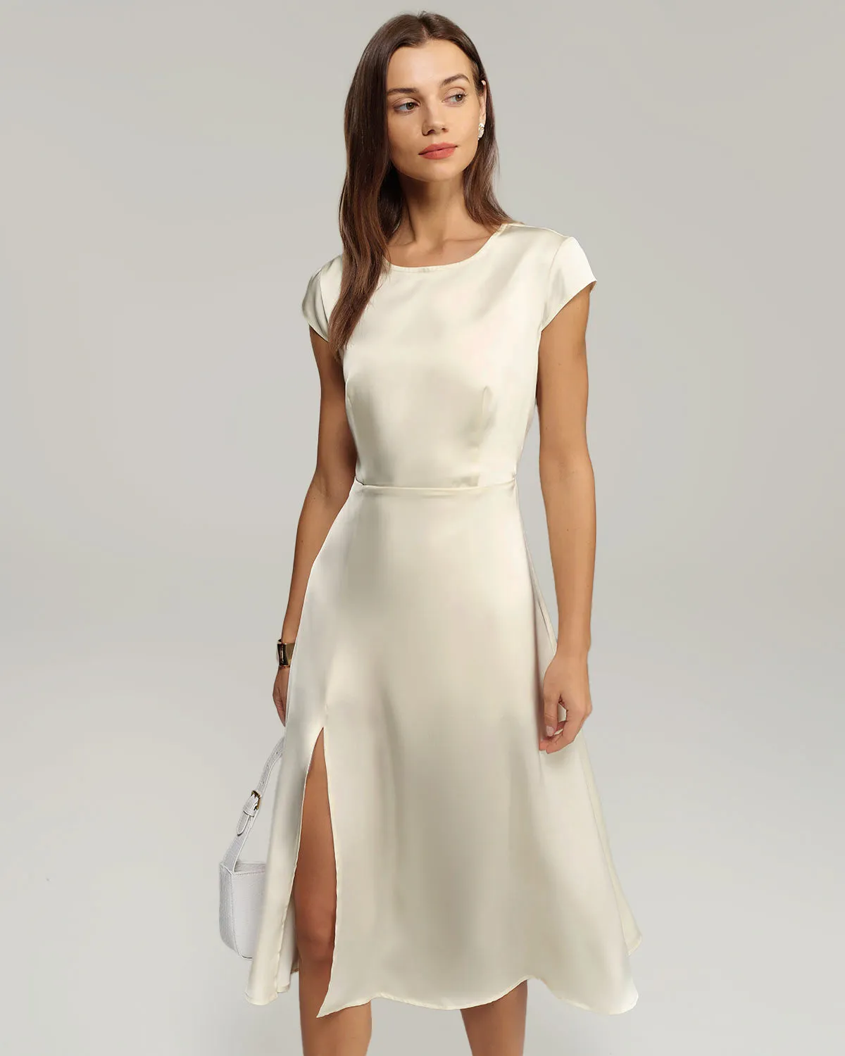 Beige Satin Cut Out Slit Midi Dress sold by rihoas