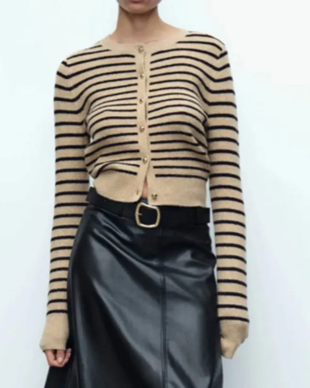 Khaki Striped Button Knit Cardigan sold by rihoas