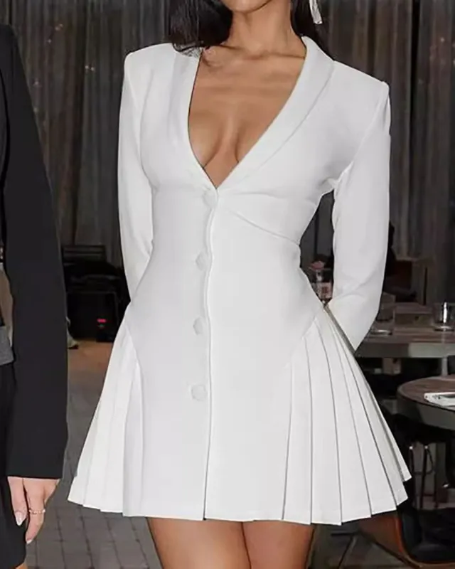 White V Neck A-Line Button Mini Dress sold by rihoas