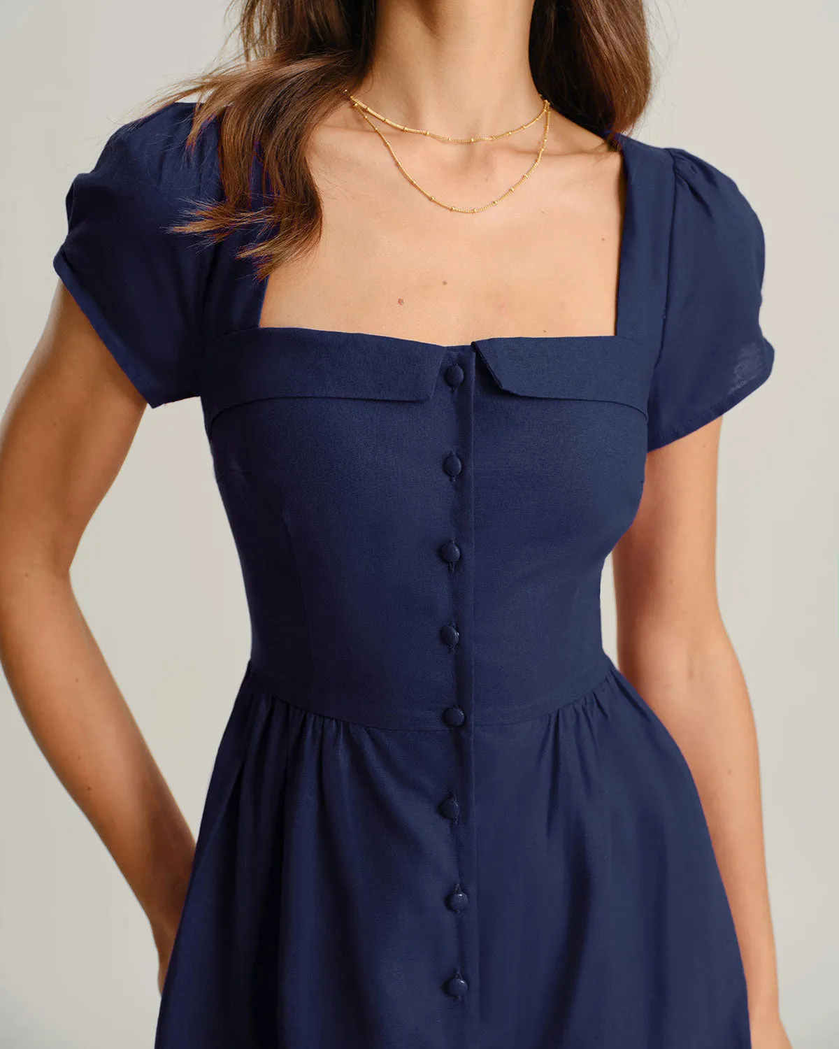 Navy Square Neck A-Line Midi Dress sold by rihoas product image thumbnail 2