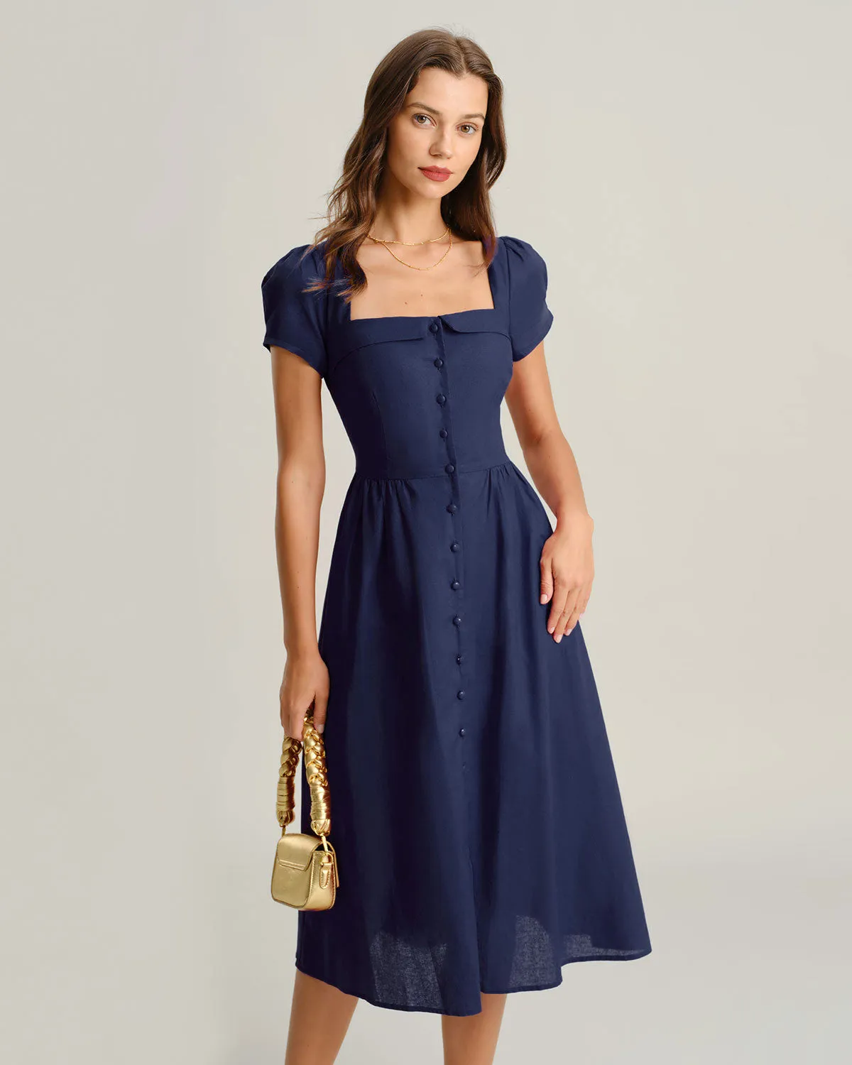 Navy Square Neck A-Line Midi Dress sold by rihoas