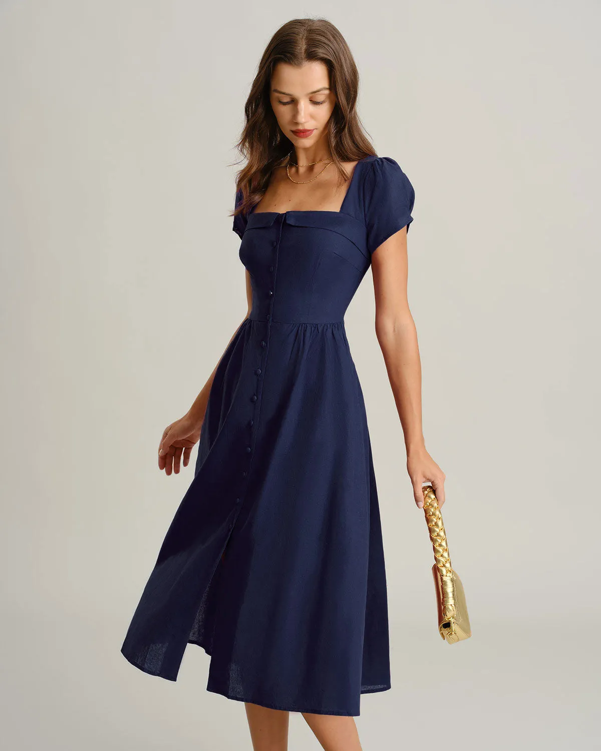 Navy Square Neck A-Line Midi Dress sold by rihoas product image thumbnail 3