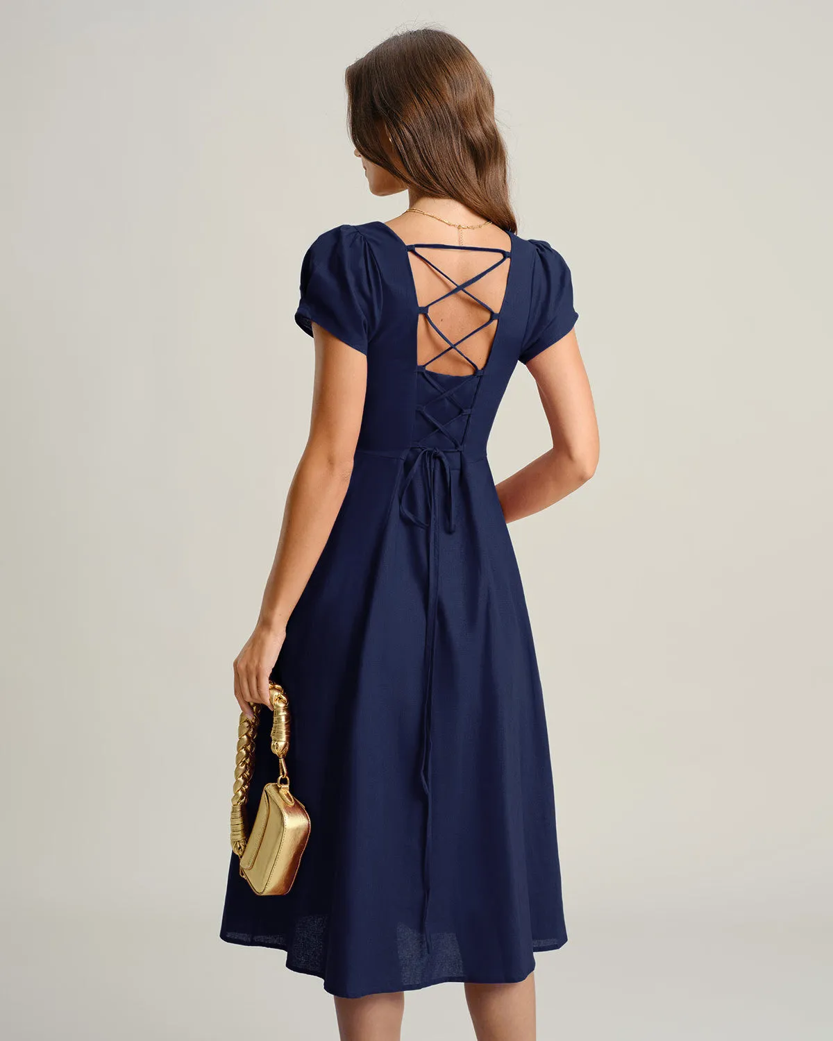 Navy Square Neck A-Line Midi Dress sold by rihoas product image thumbnail 4