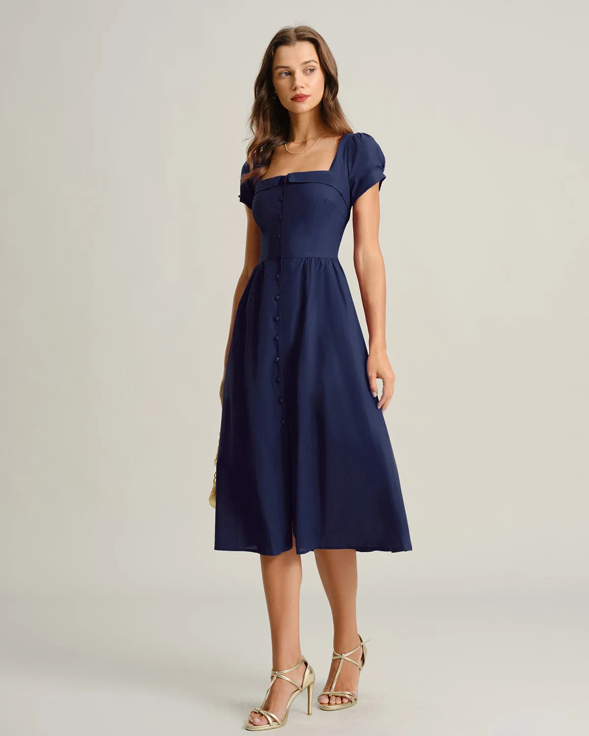 Navy Square Neck A-Line Midi Dress sold by rihoas product image thumbnail 5