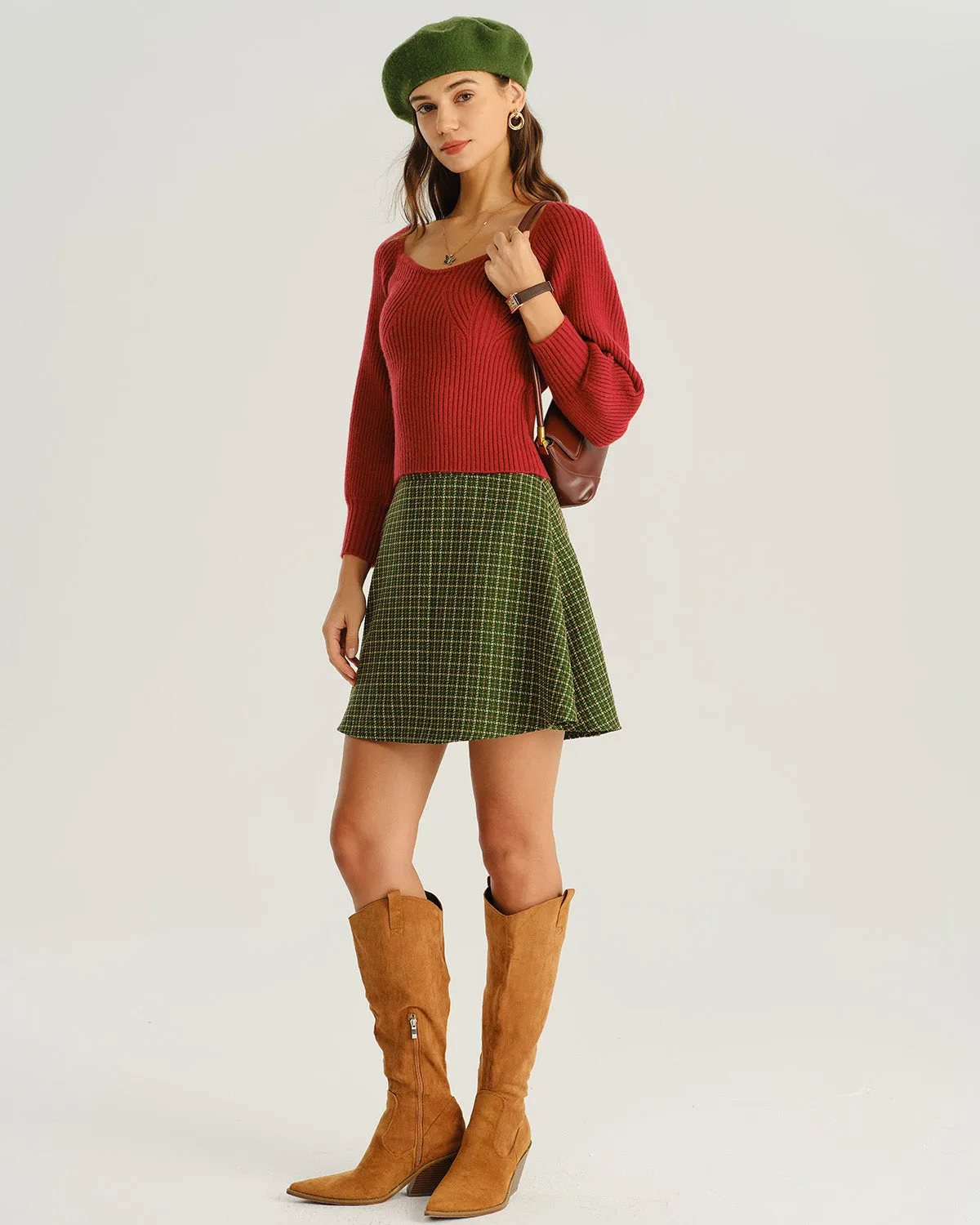 Green Plaid Flared Mini Skirt sold by rihoas product image thumbnail 5