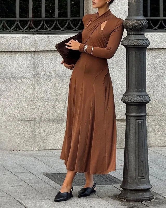 Brown Asymmetrical A-Line Maxi Dress sold by rihoas