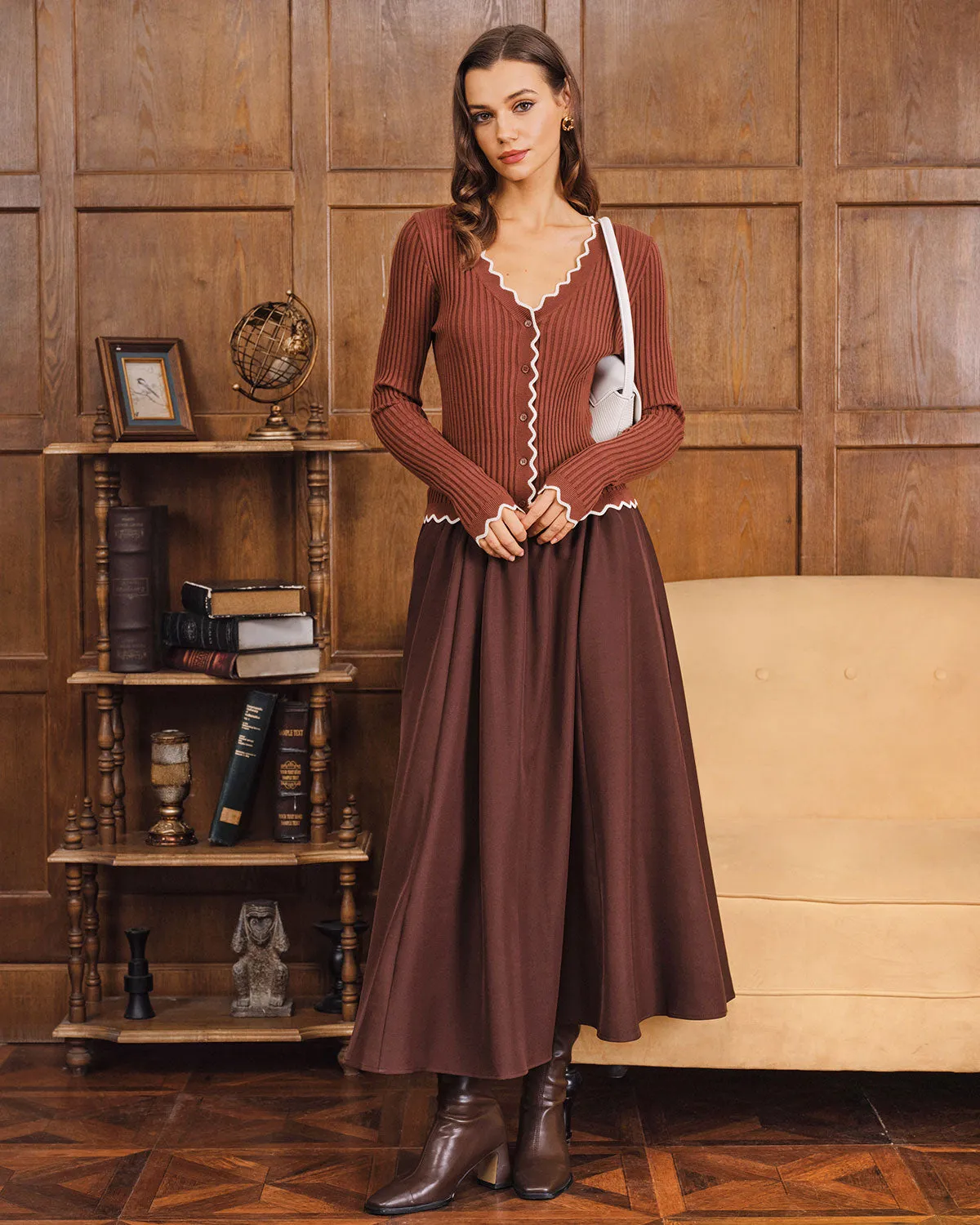 Coffee Contrasting Button Knit Cardigan sold by rihoas product image thumbnail 5