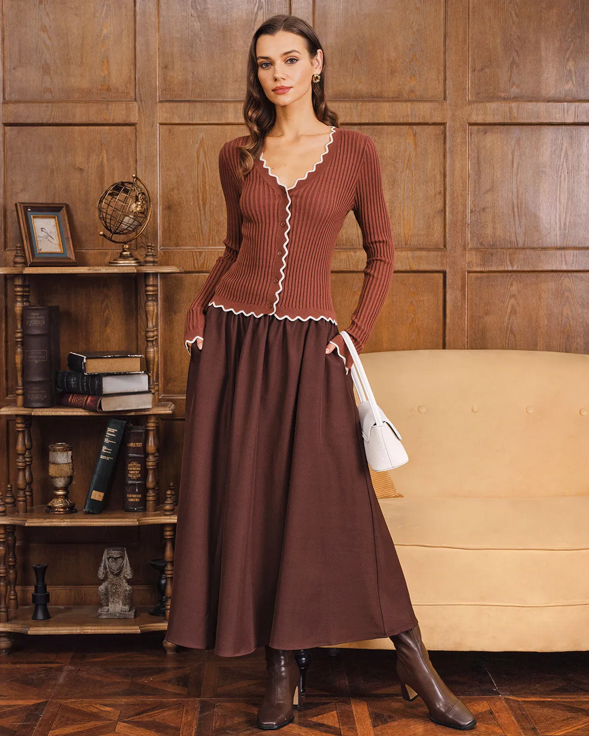 Coffee Contrasting Button Knit Cardigan sold by rihoas product image thumbnail 4