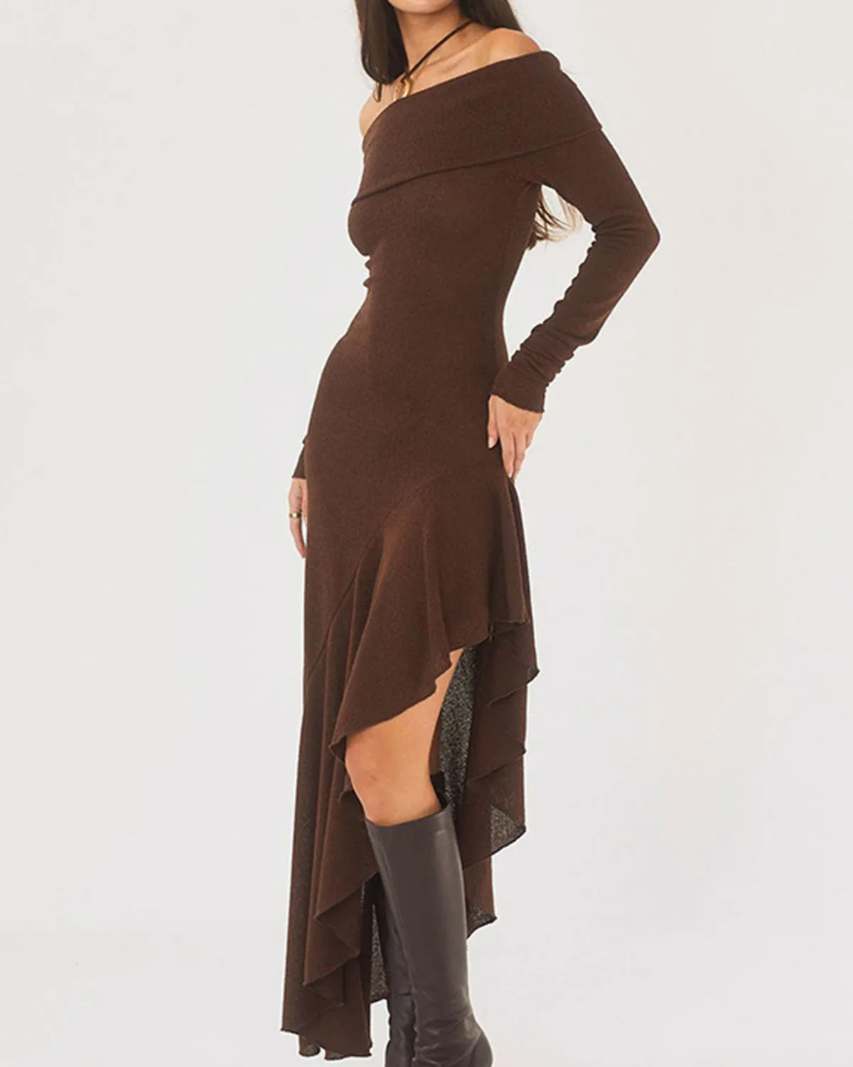 Coffee Off-the-shoulder Maxi Dress sold by rihoas product image thumbnail 3