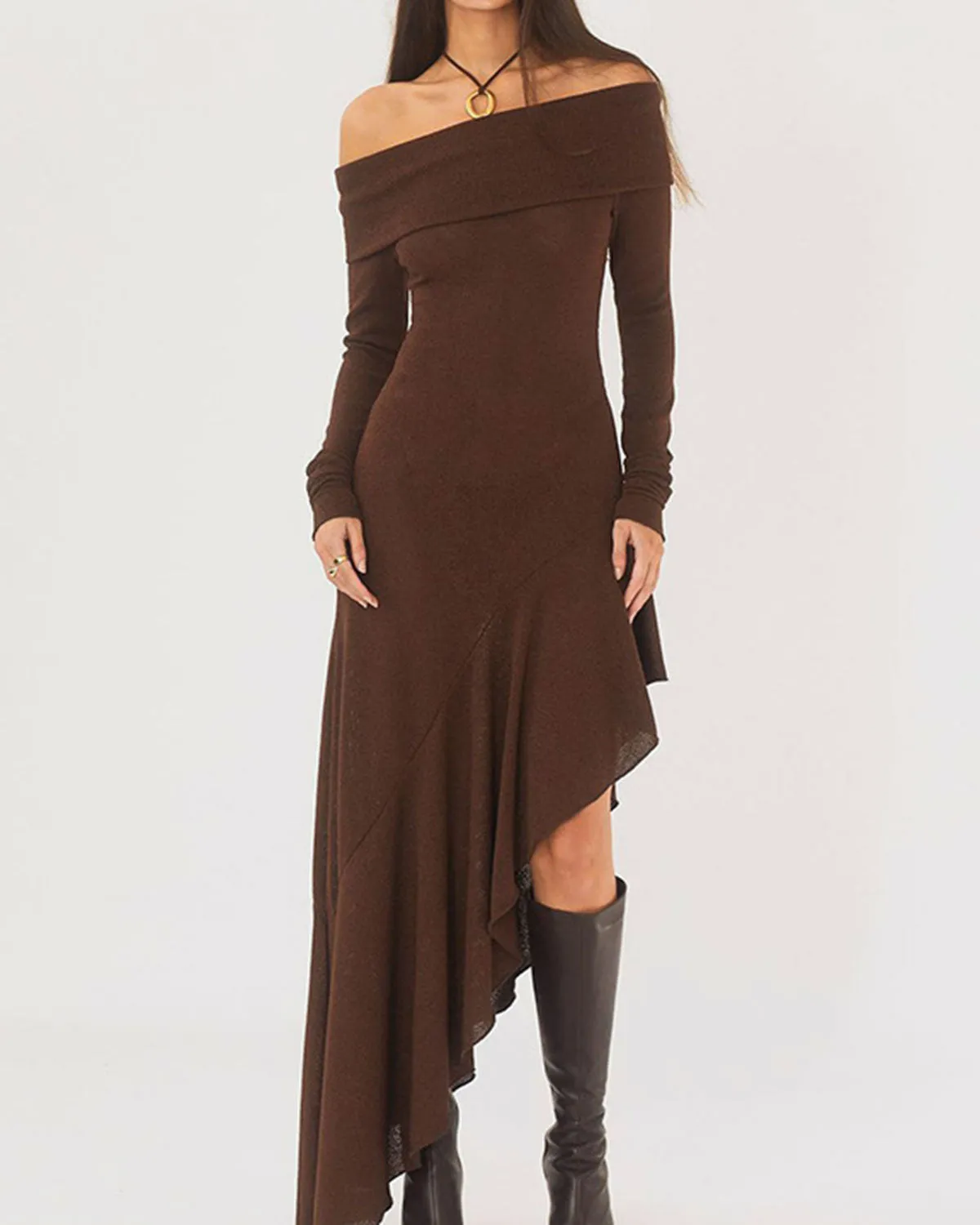 Coffee Off-the-shoulder Maxi Dress sold by rihoas