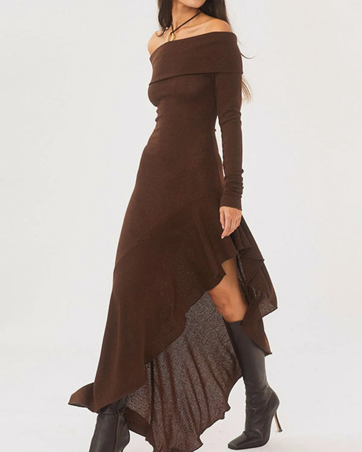Coffee Off-the-shoulder Maxi Dress sold by rihoas product image thumbnail 2