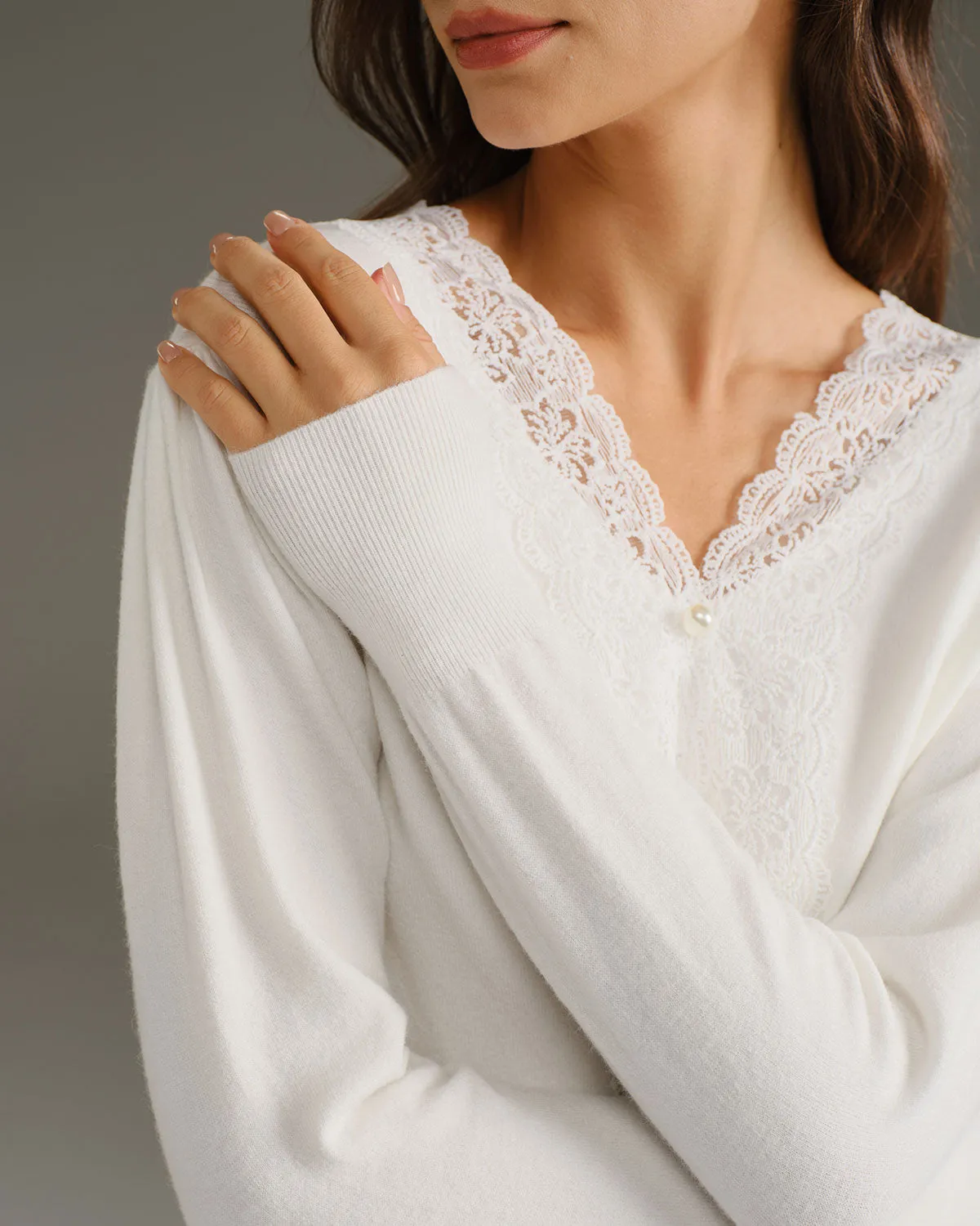 White V Neck Pearl Button Sweater sold by rihoas product image thumbnail 3