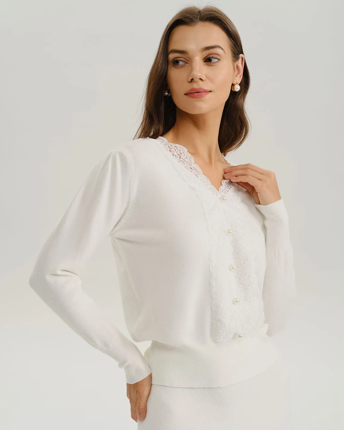 White V Neck Pearl Button Sweater sold by rihoas product image thumbnail 2
