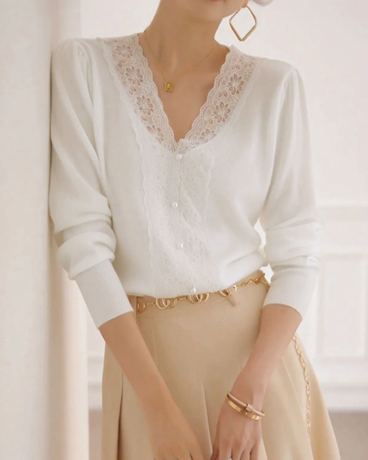 White V Neck Pearl Button Sweater sold by rihoas