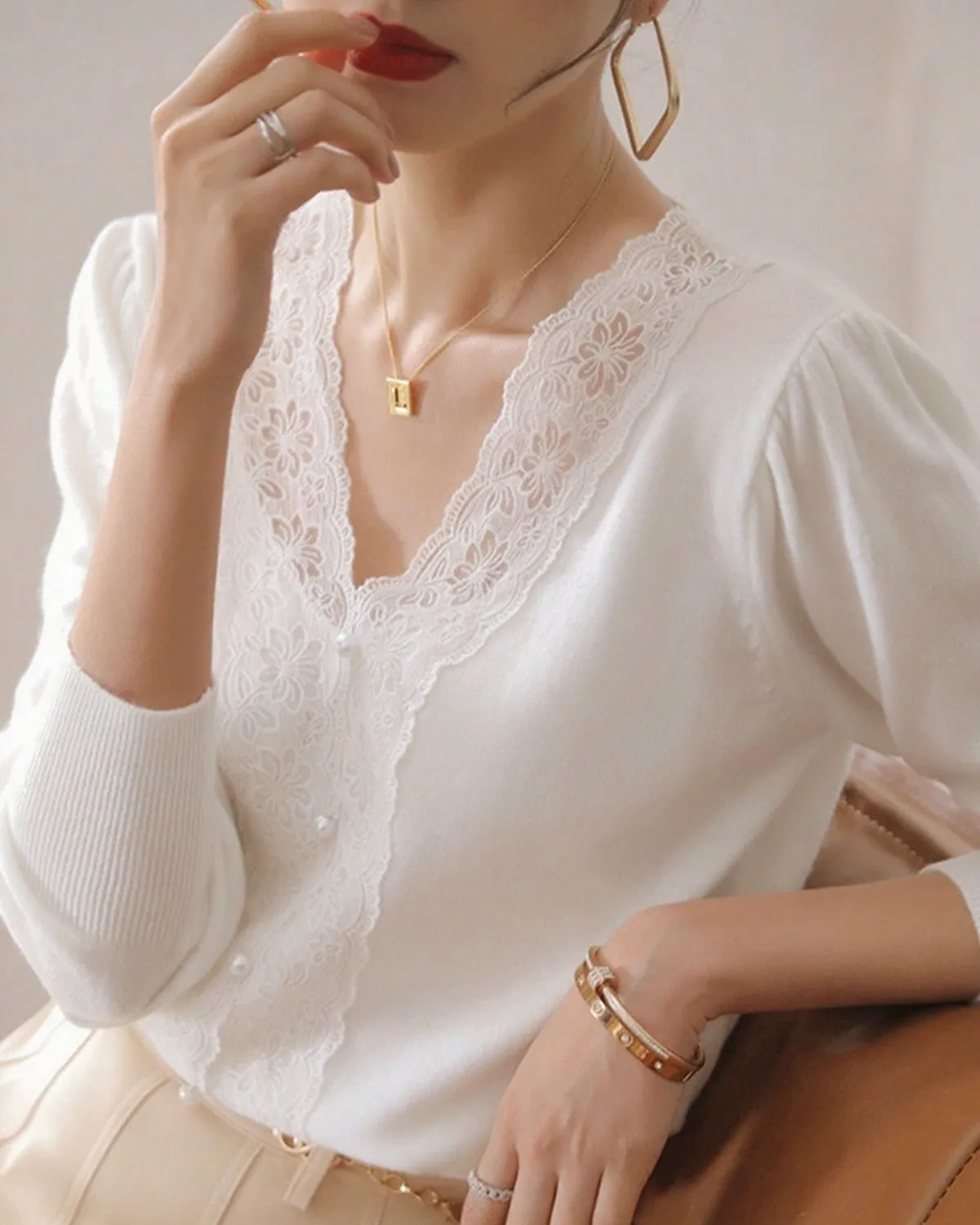 White V Neck Pearl Button Sweater sold by rihoas product image thumbnail 4