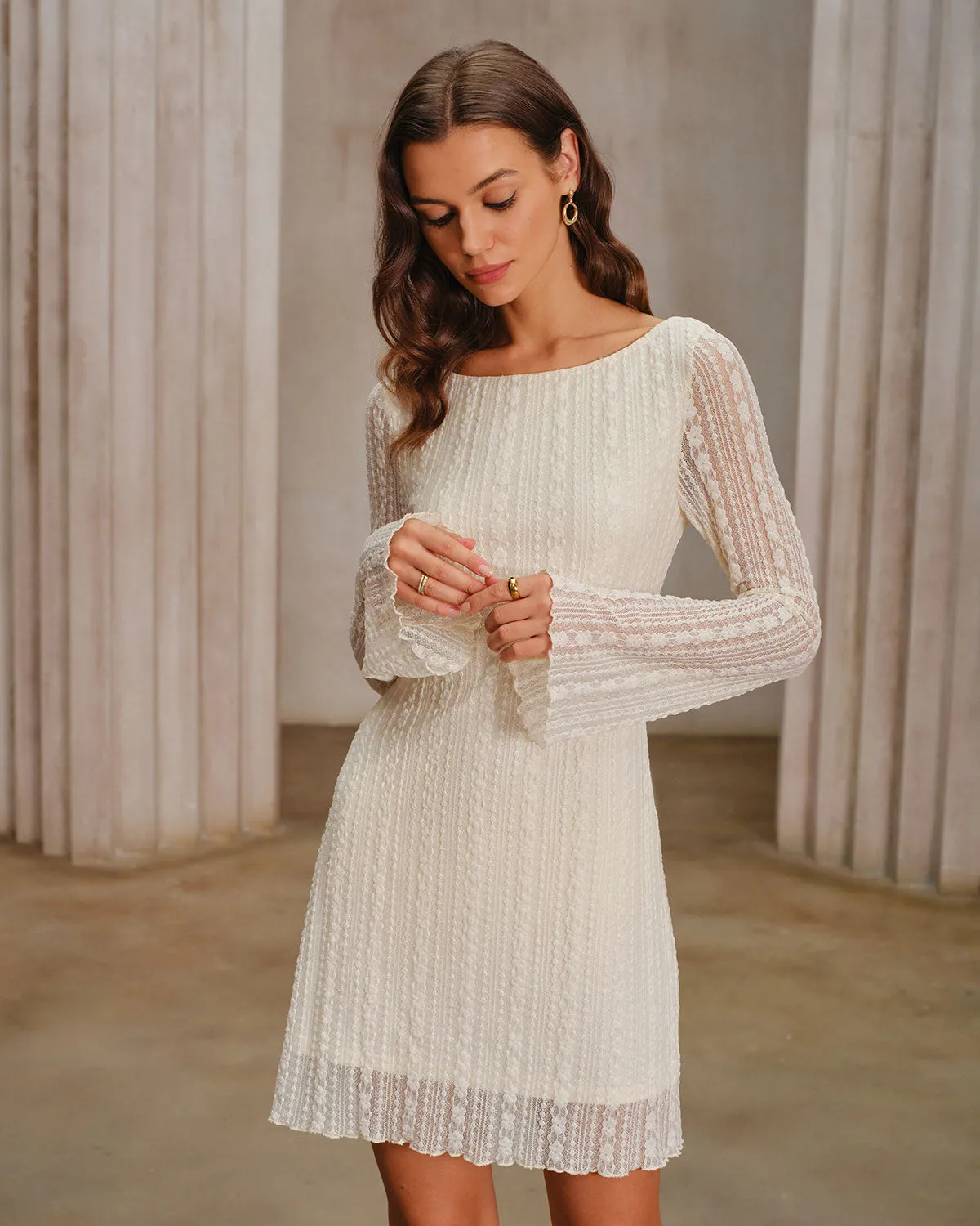 Apricot Lace Bell Sleeve Mini Dress sold by rihoas
