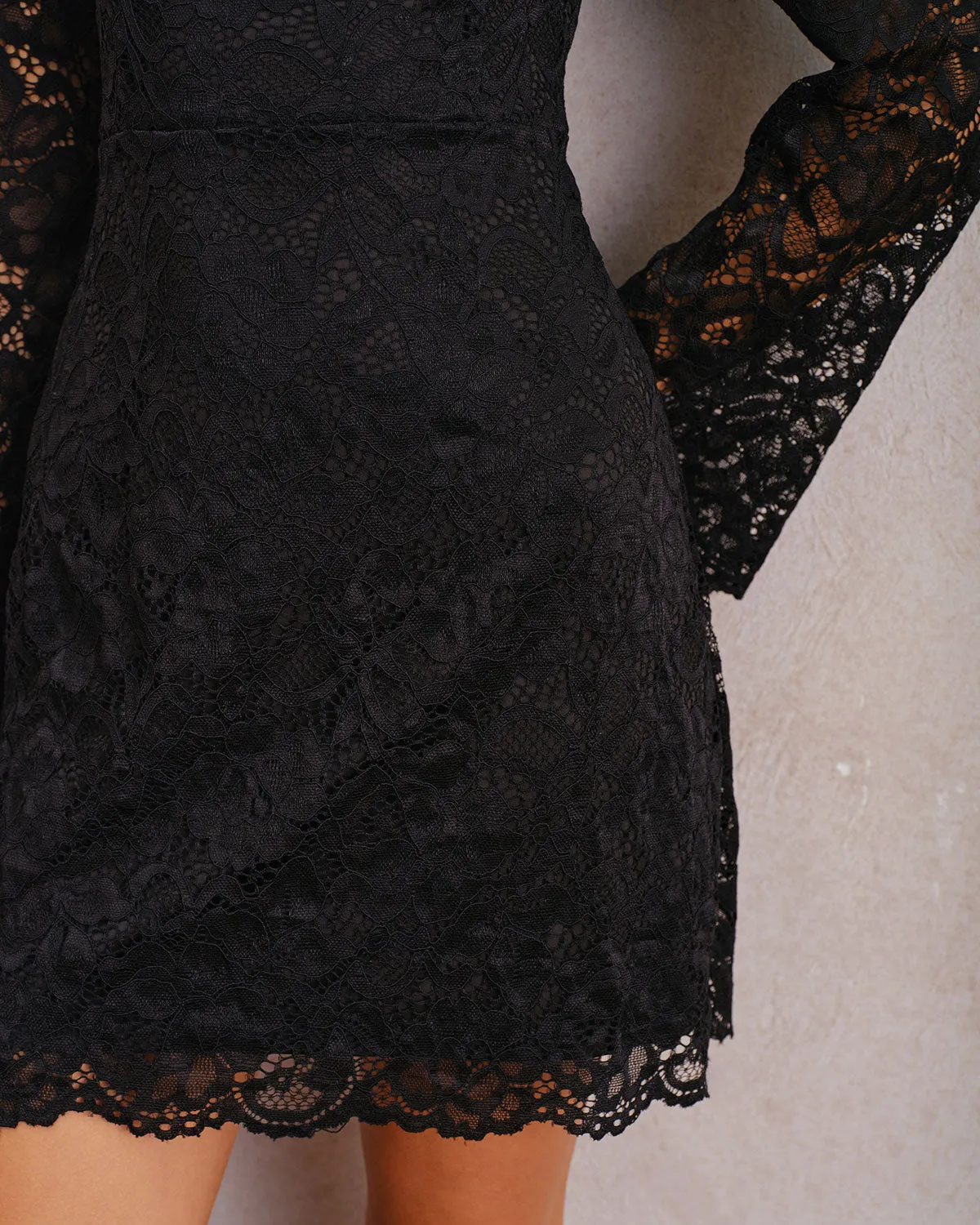 Black Lace Bell Sleeve A-Line Mini Dress sold by rihoas product image thumbnail 2