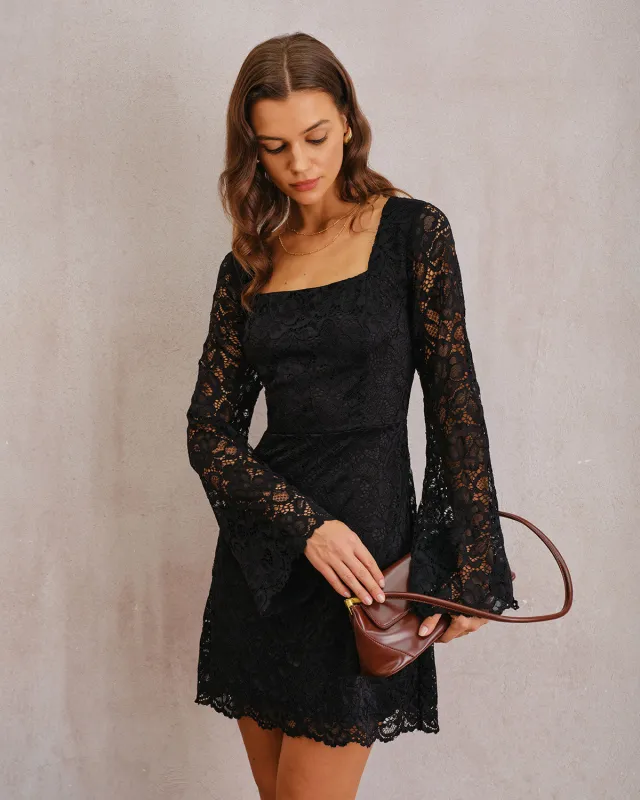 Black Lace Bell Sleeve A-Line Mini Dress sold by rihoas
