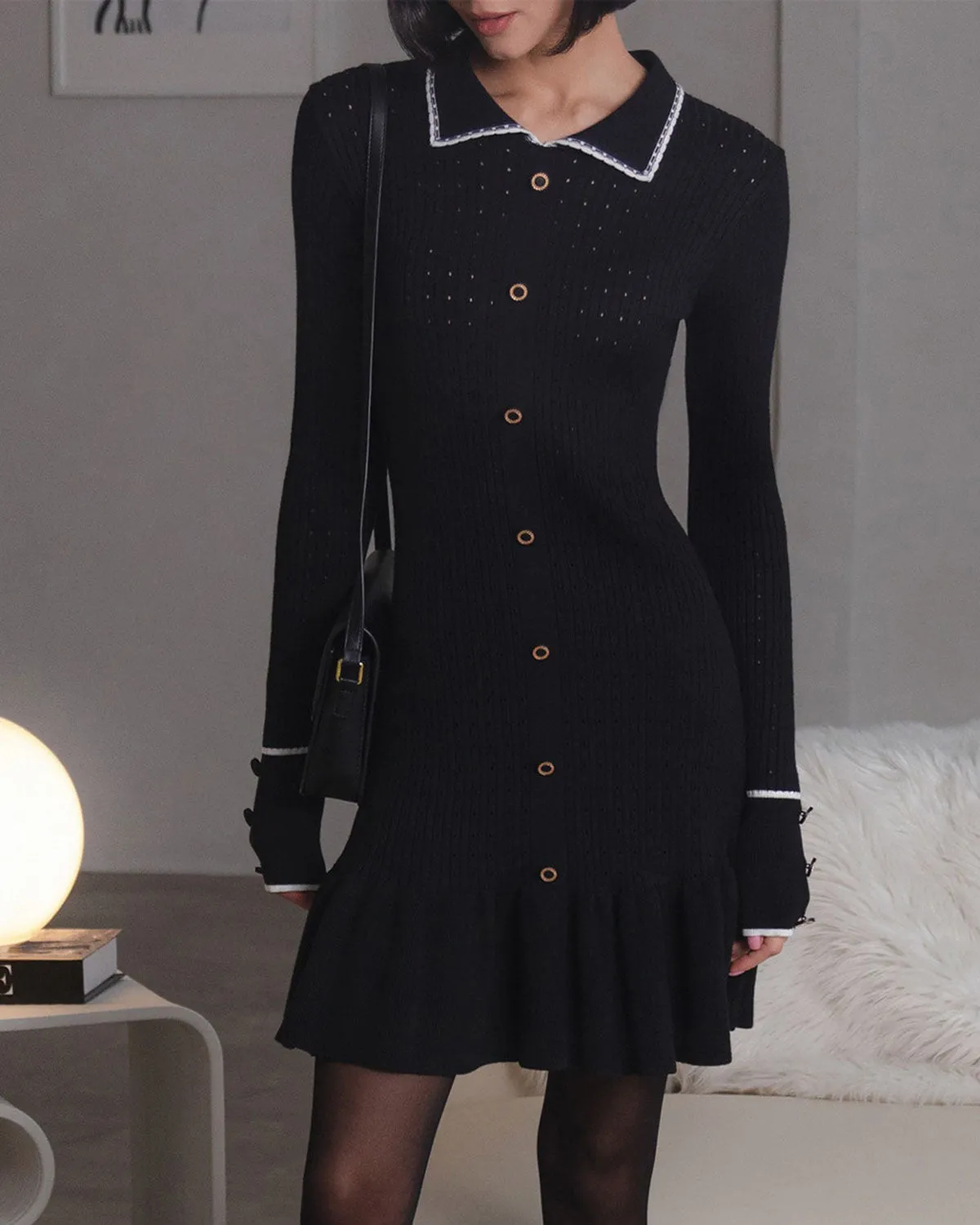 Black Contrasting Bodycon Button Sweater Dress sold by rihoas product image thumbnail 3