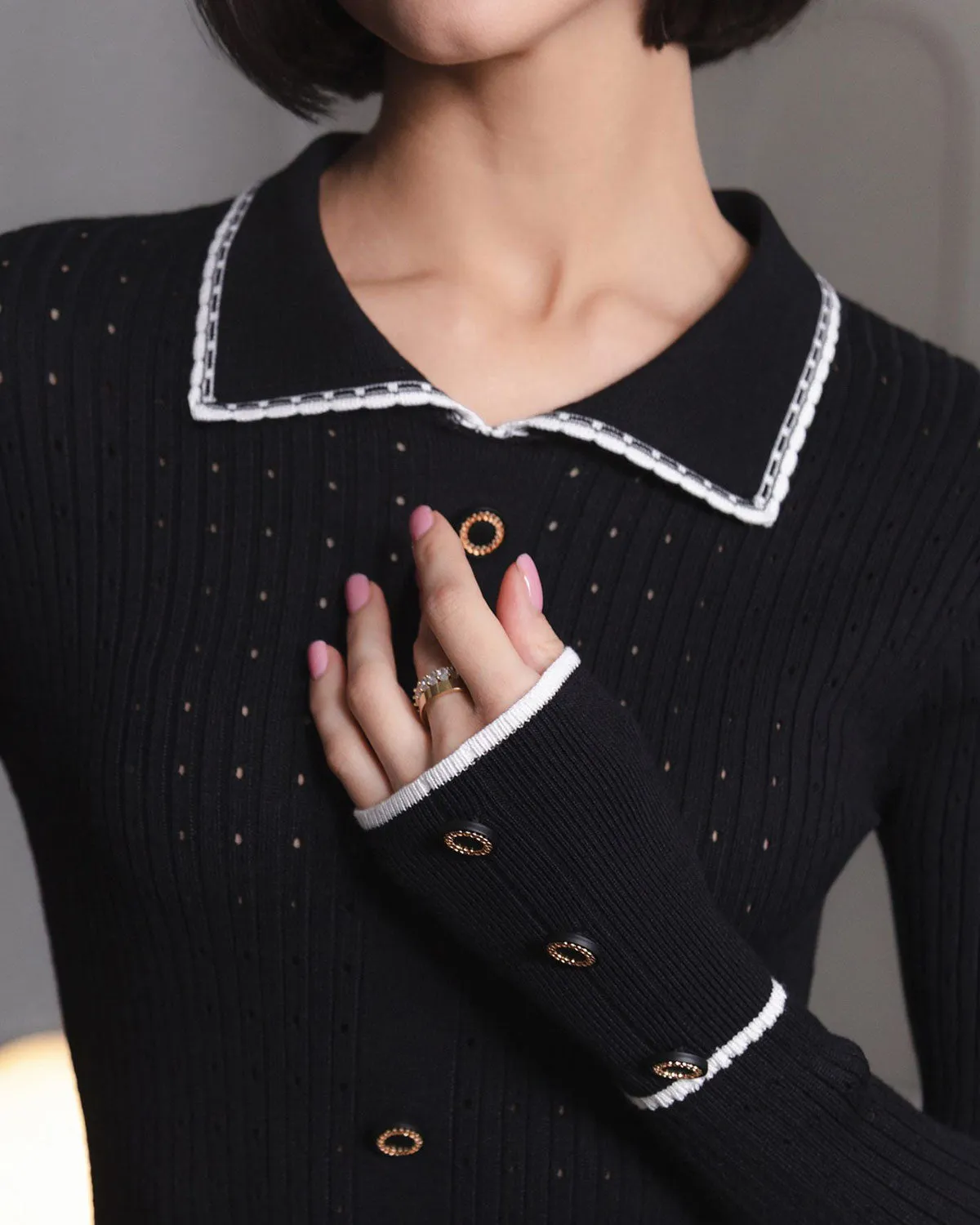 Black Contrasting Bodycon Button Sweater Dress sold by rihoas product image thumbnail 2