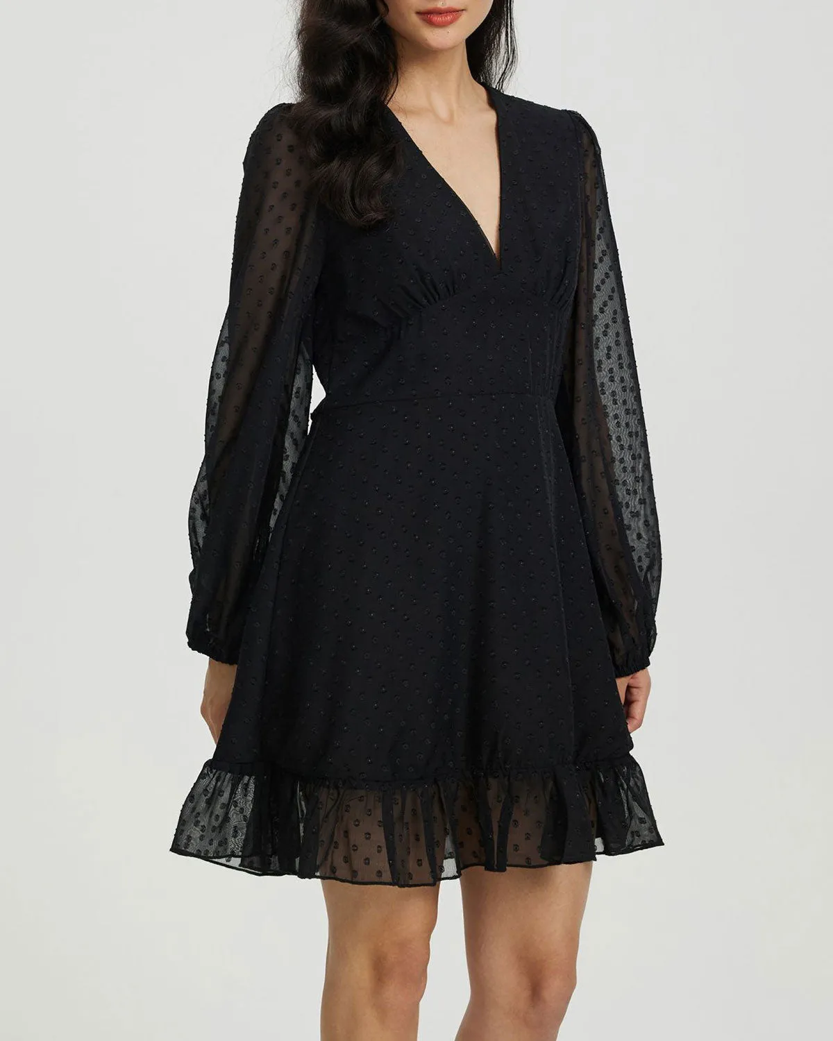 Black Polka Dot Sheer Sleeve Mini Dress sold by rihoas