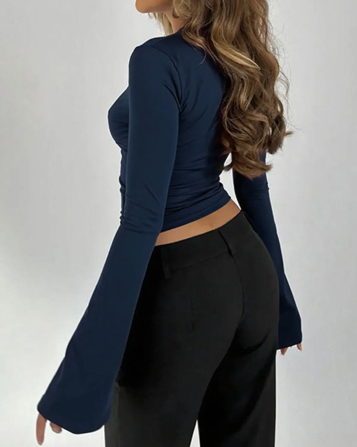 Blue V Neck Lace Bell Sleeve Tee sold by rihoas product image thumbnail 3