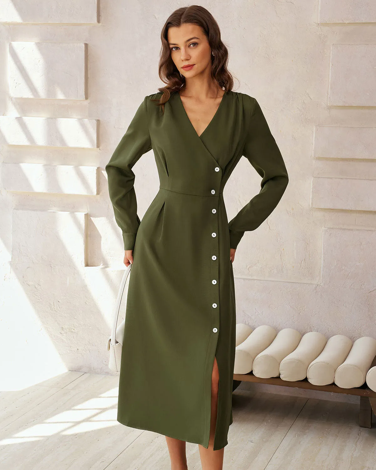 Green Ruched Button A-Line Maxi Dress sold by rihoas product image thumbnail 3